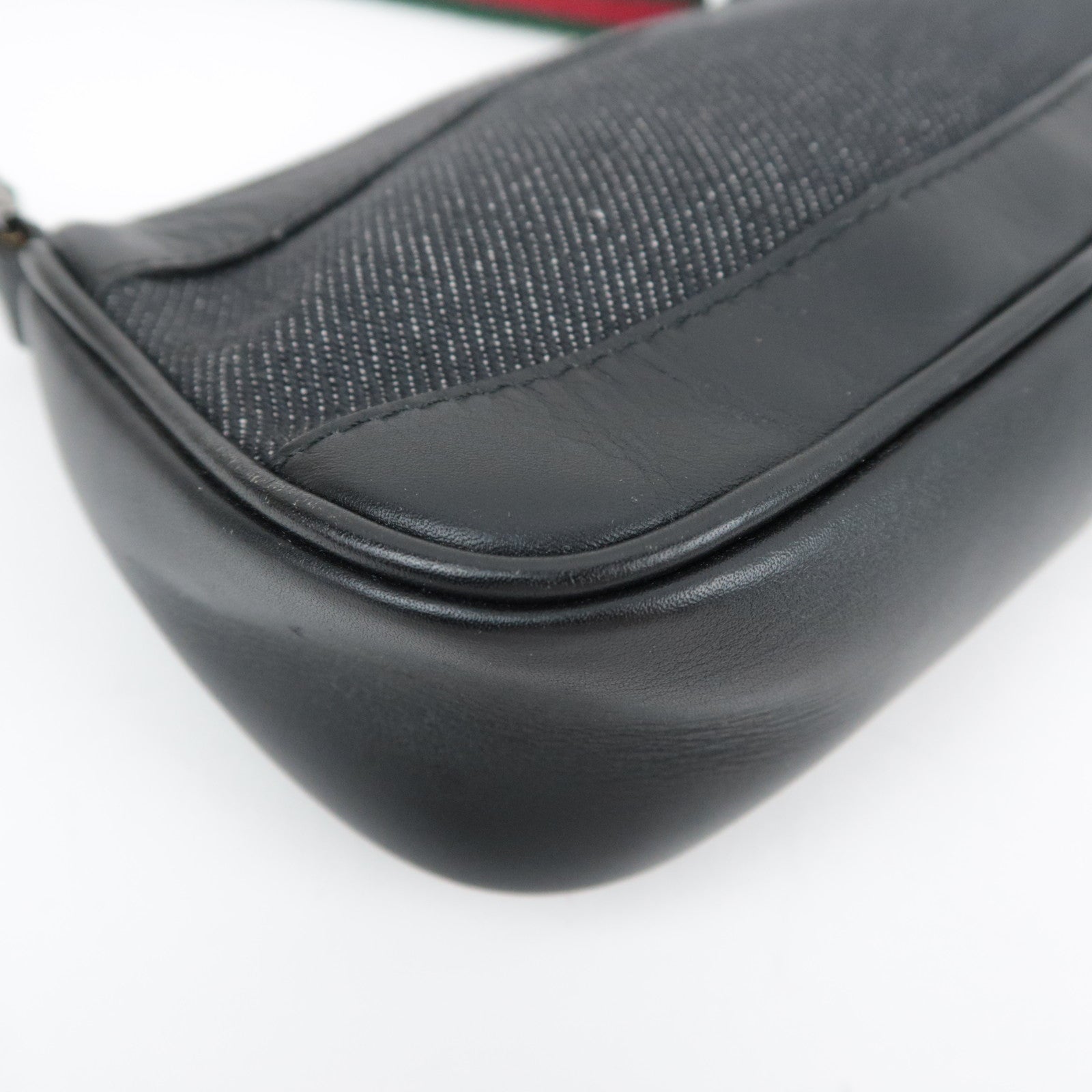 GUCCI Sherry Denim Leather Handbag Black 92821
