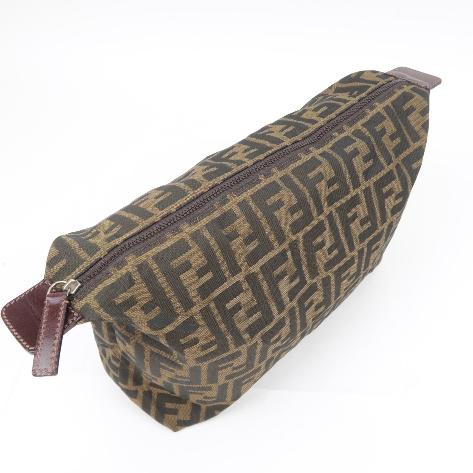FENDI Zucca Canvas Leather Pouch Brown Black 26545