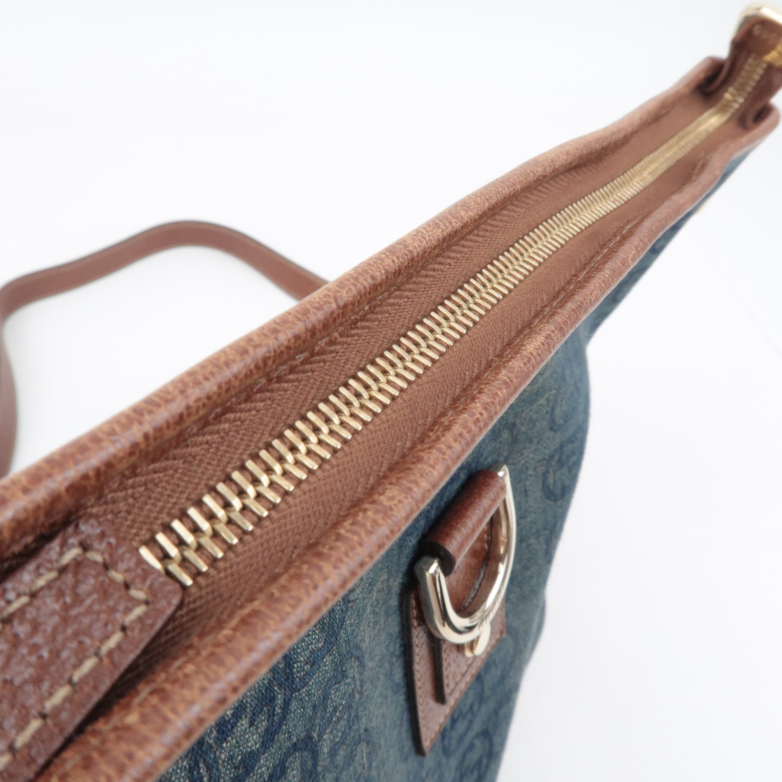GUCCI Abby Interlocking G Denim Leather Shoulder Bag Blue Brown 131326