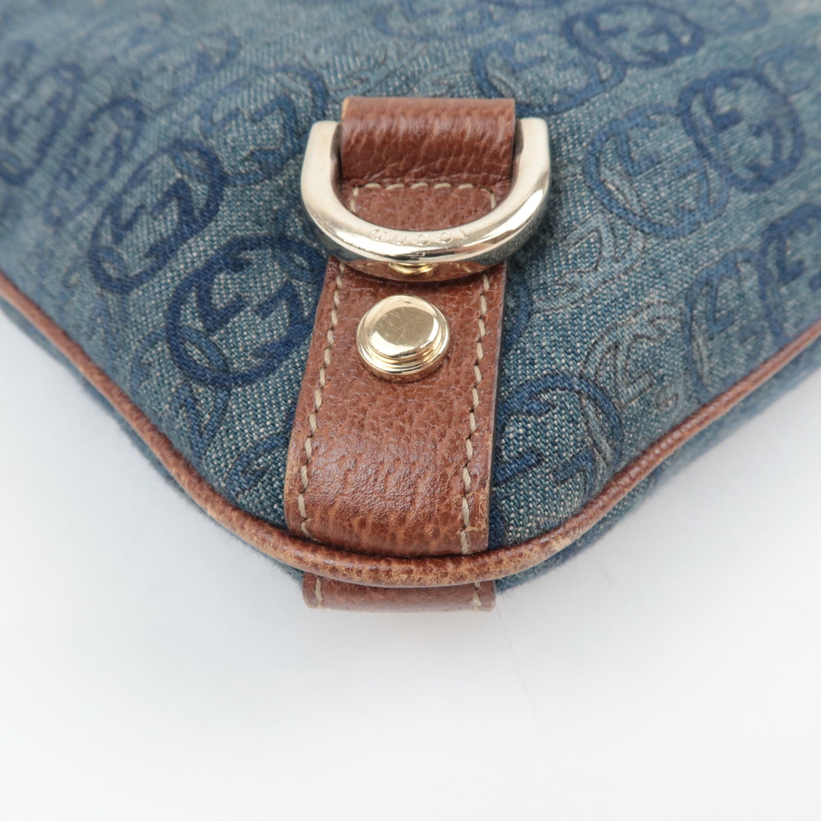 GUCCI Abby Interlocking G Denim Leather Shoulder Bag Blue Brown 131326