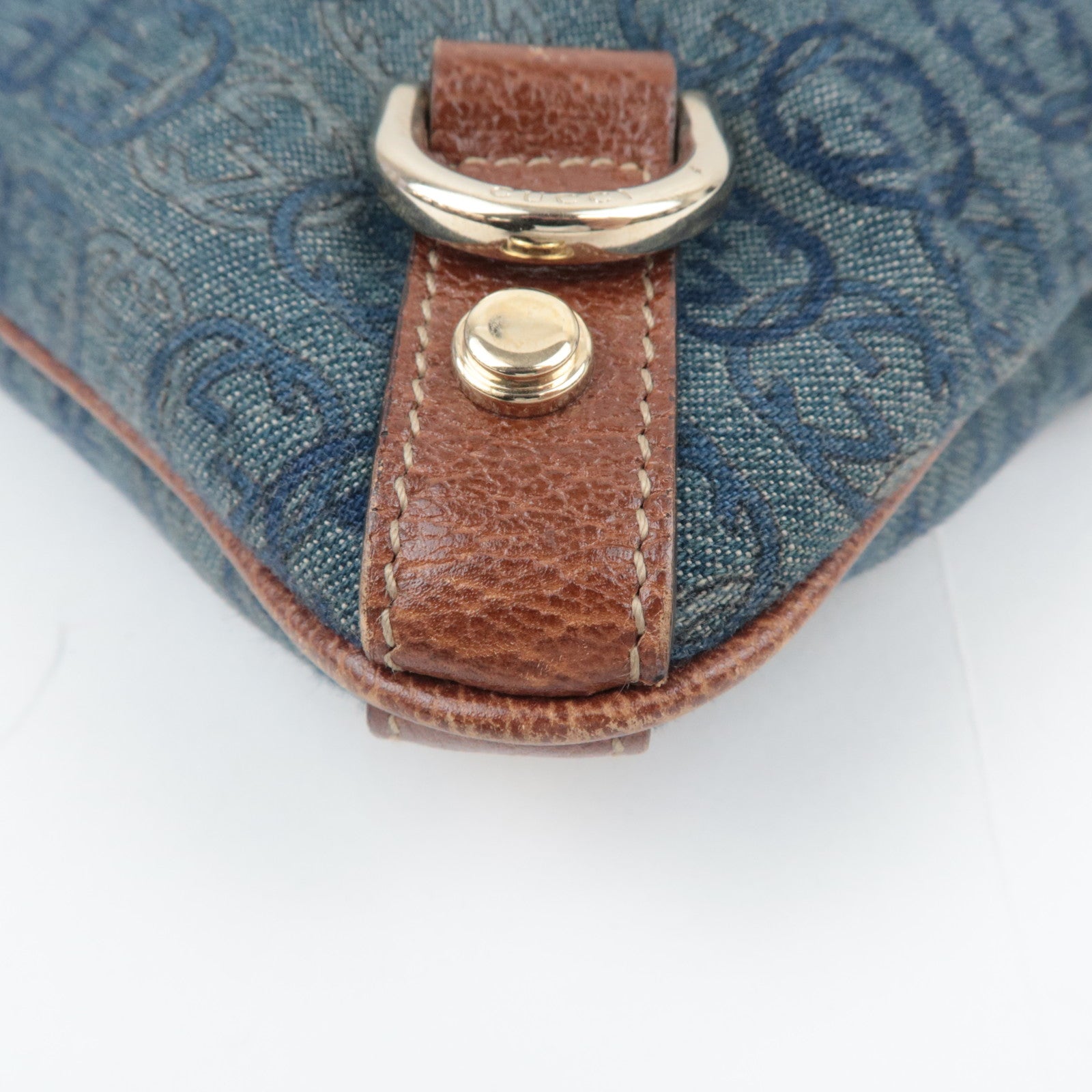 GUCCI Abby Interlocking G Denim Leather Shoulder Bag Blue Brown 131326