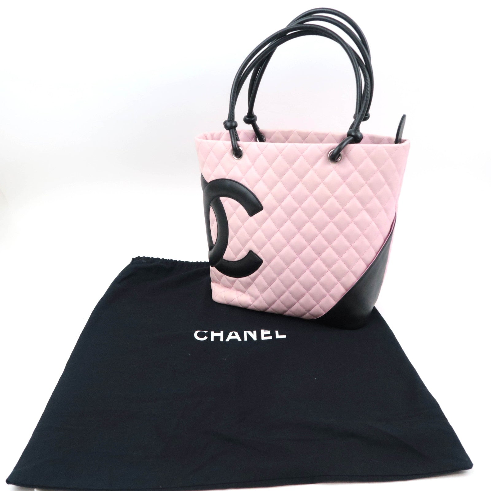 CHANEL Cambon Line Lambskin Tote Bag Pink Black