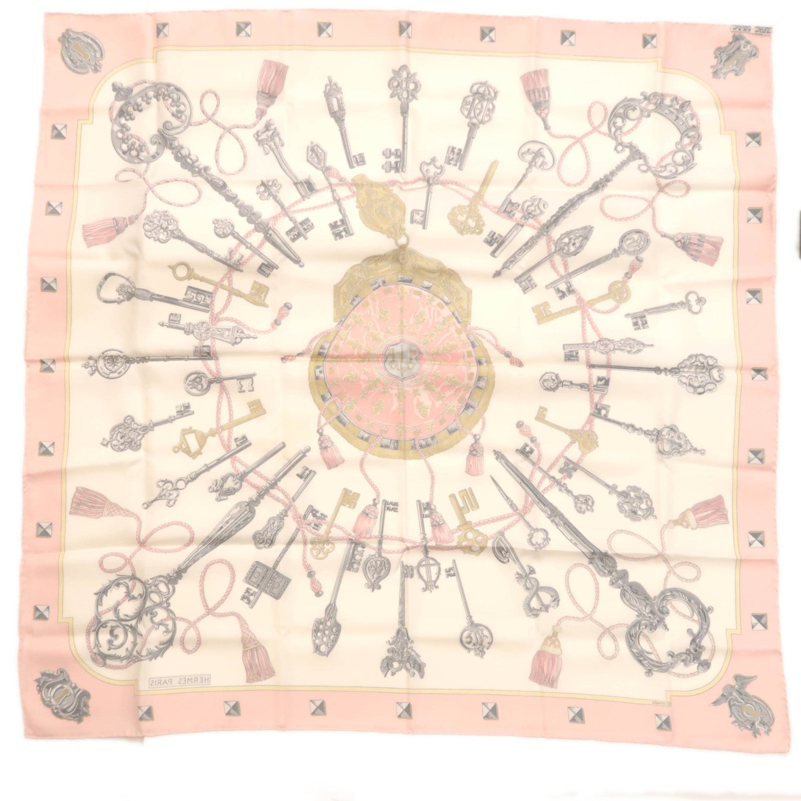 HERMES Carre 90 Scarf LES CLES THE KEYS RARE 100% Silk Pink White