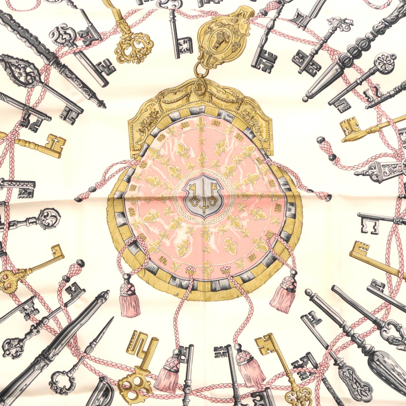 HERMES Carre 90 Scarf LES CLES THE KEYS RARE 100% Silk Pink White