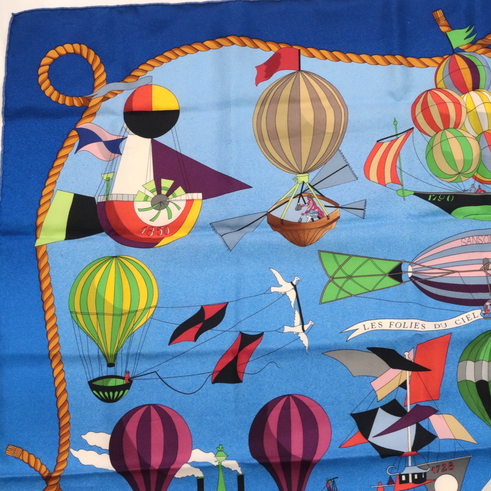 HERMES Carre 90 Scarf LES FOLIES DU CIEL 100% Silk Blue