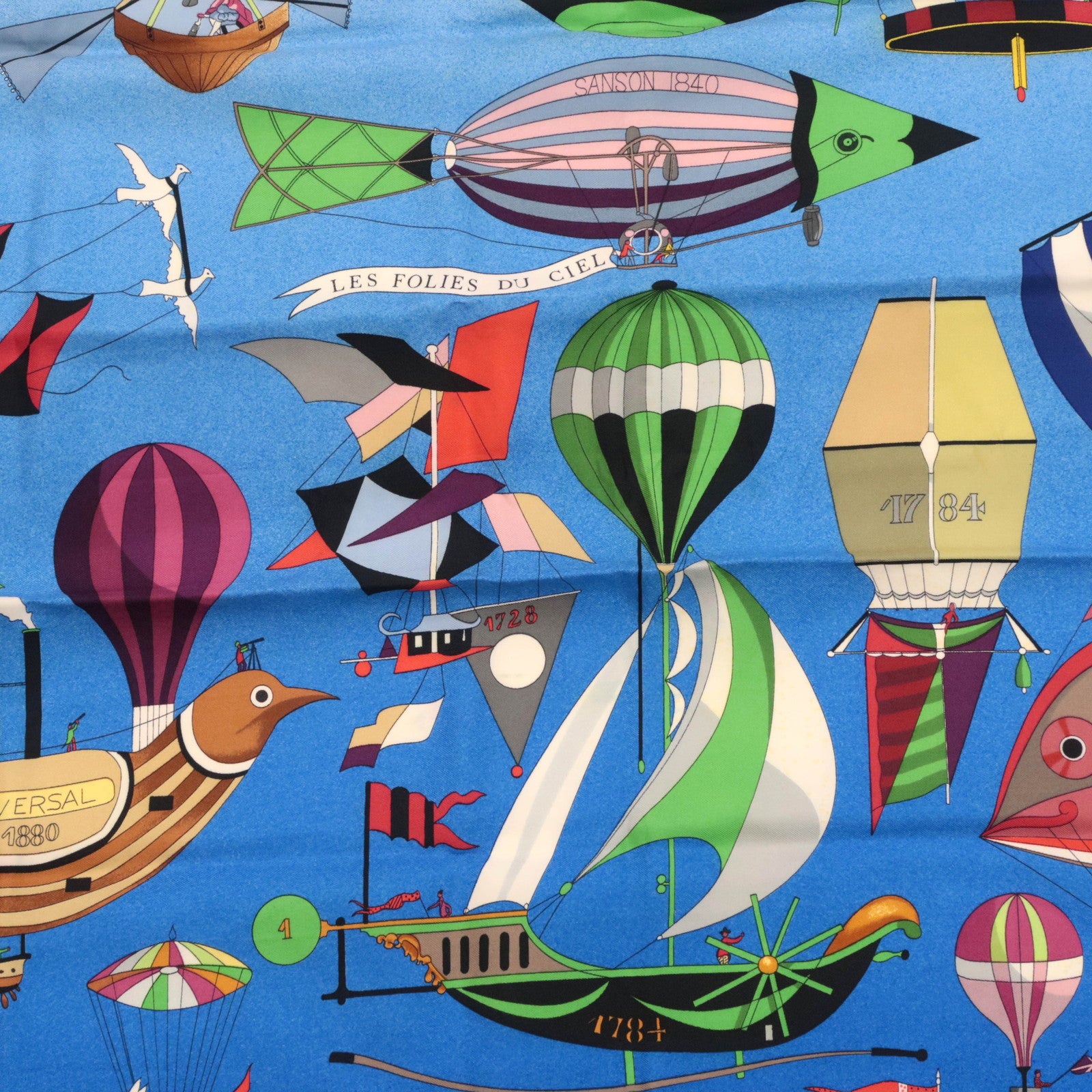 HERMES Carre 90 Scarf LES FOLIES DU CIEL 100% Silk Blue