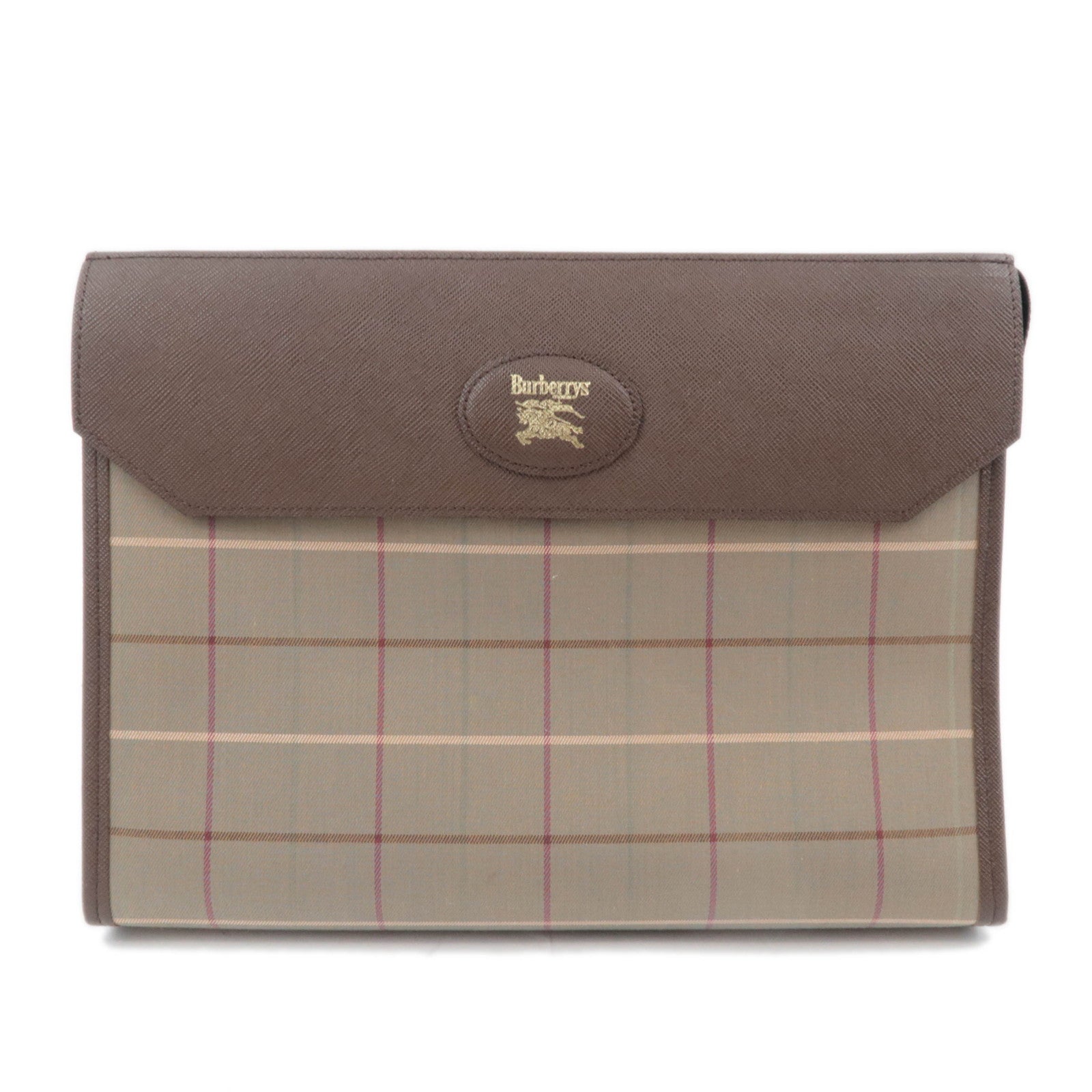 BURBERRY burberrys Plaid Canvas Leather Clutch Bag Khaki Brown89713