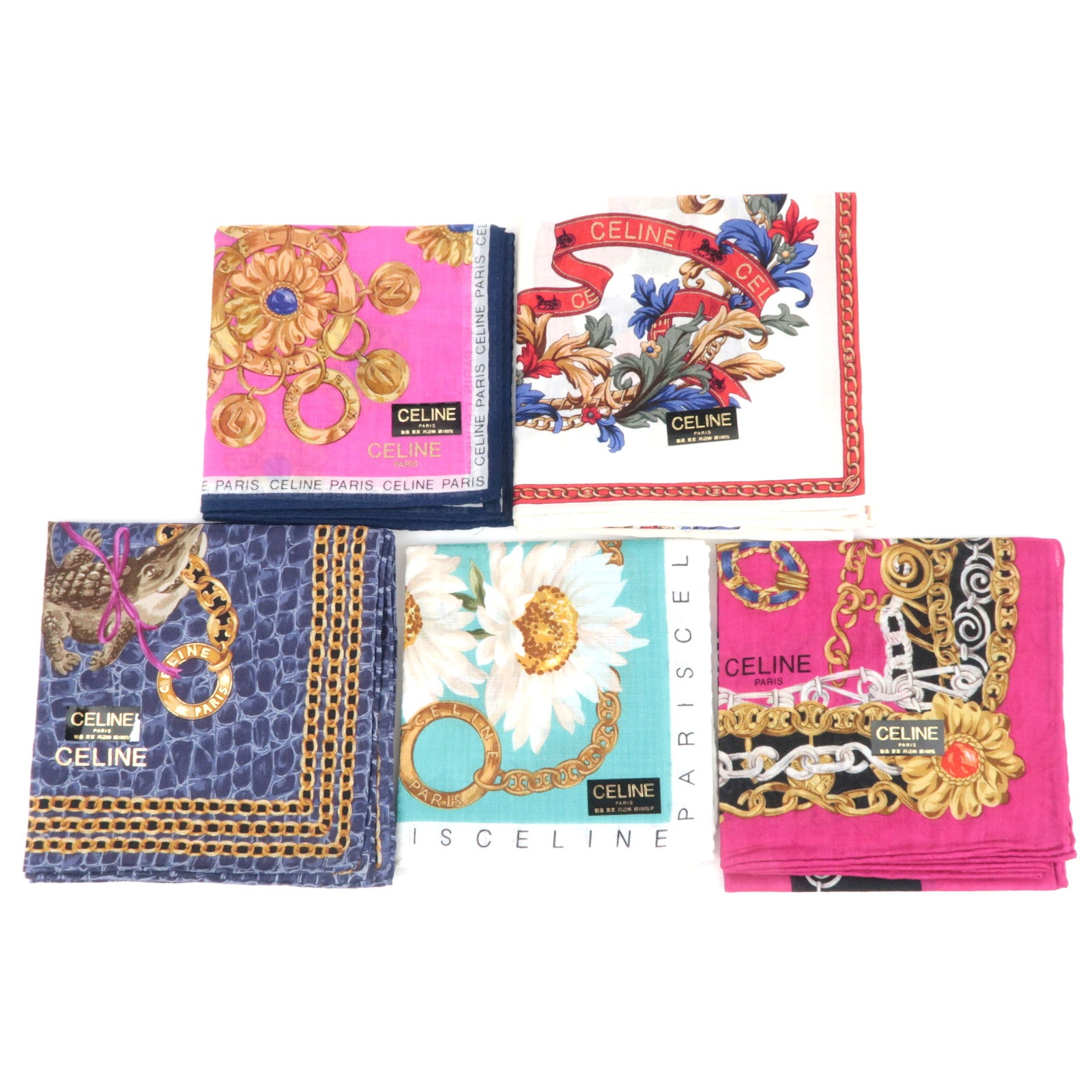 CELINE Set of 5 Handkerchiefs Scarf 100% Cotton89740