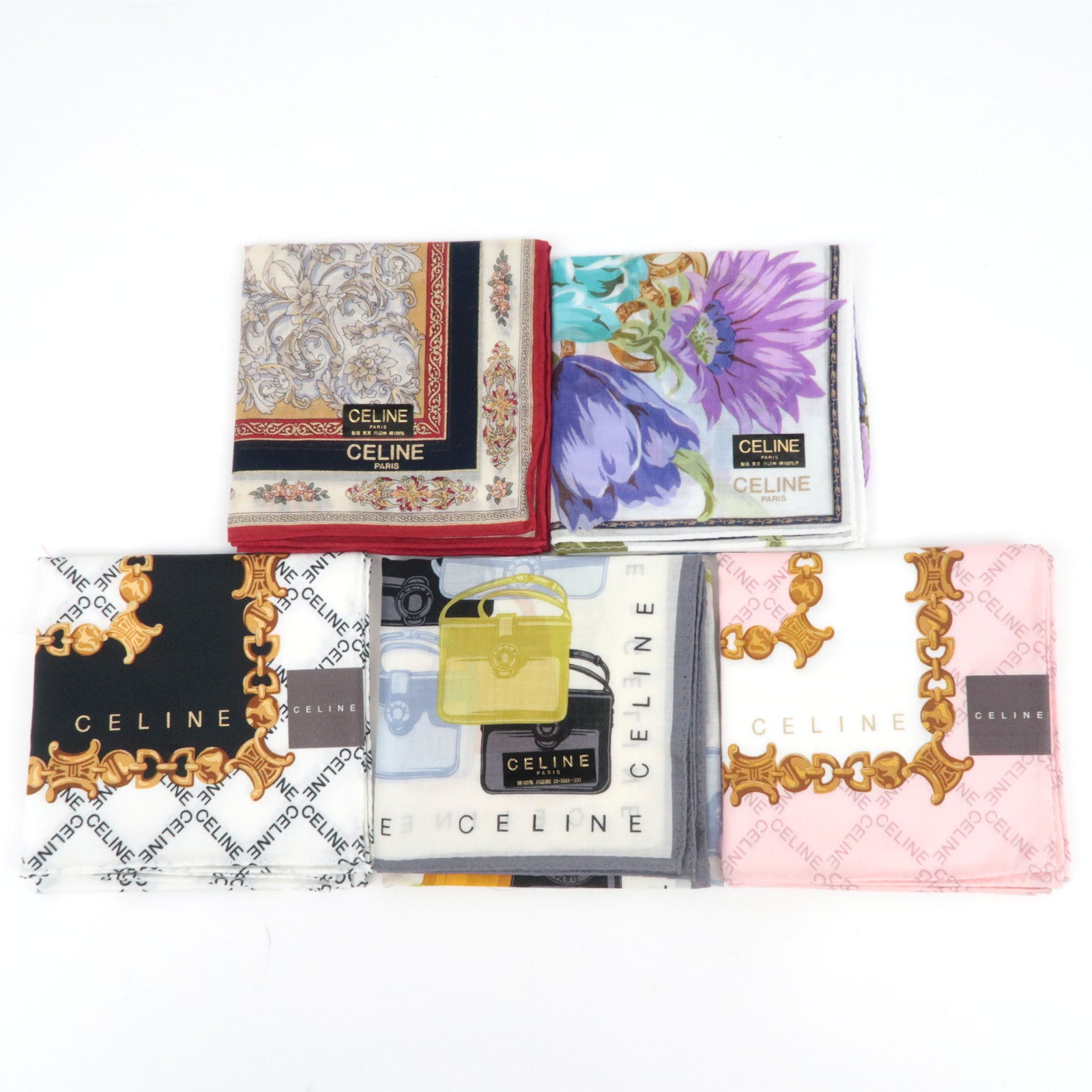 CELINE Set of 5 Handkerchiefs Scarf 100% Cotton89741