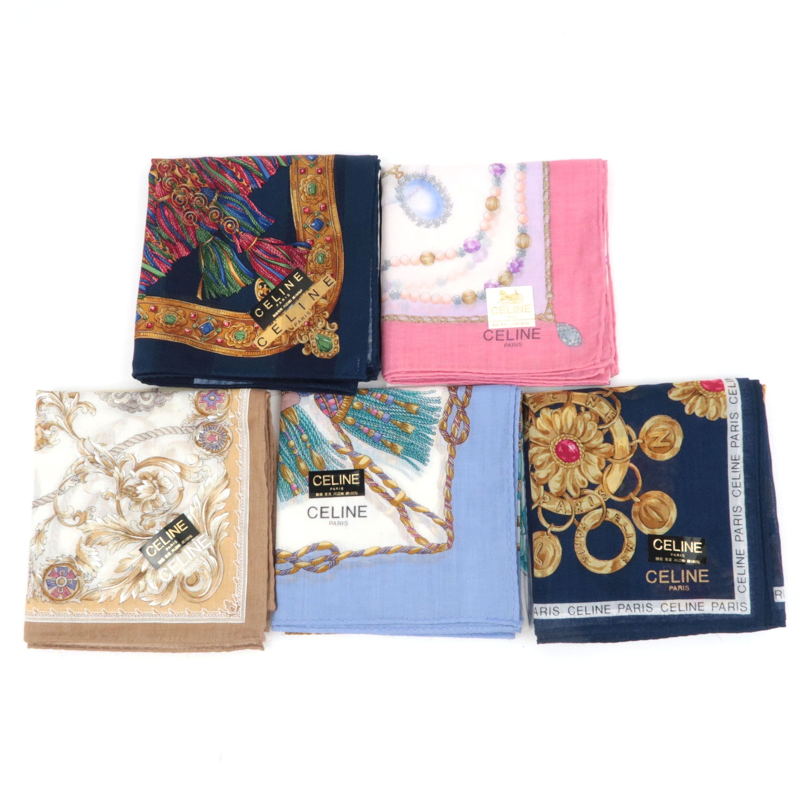 CELINE Set of 5 Handkerchiefs Scarf 100% Cotton89745