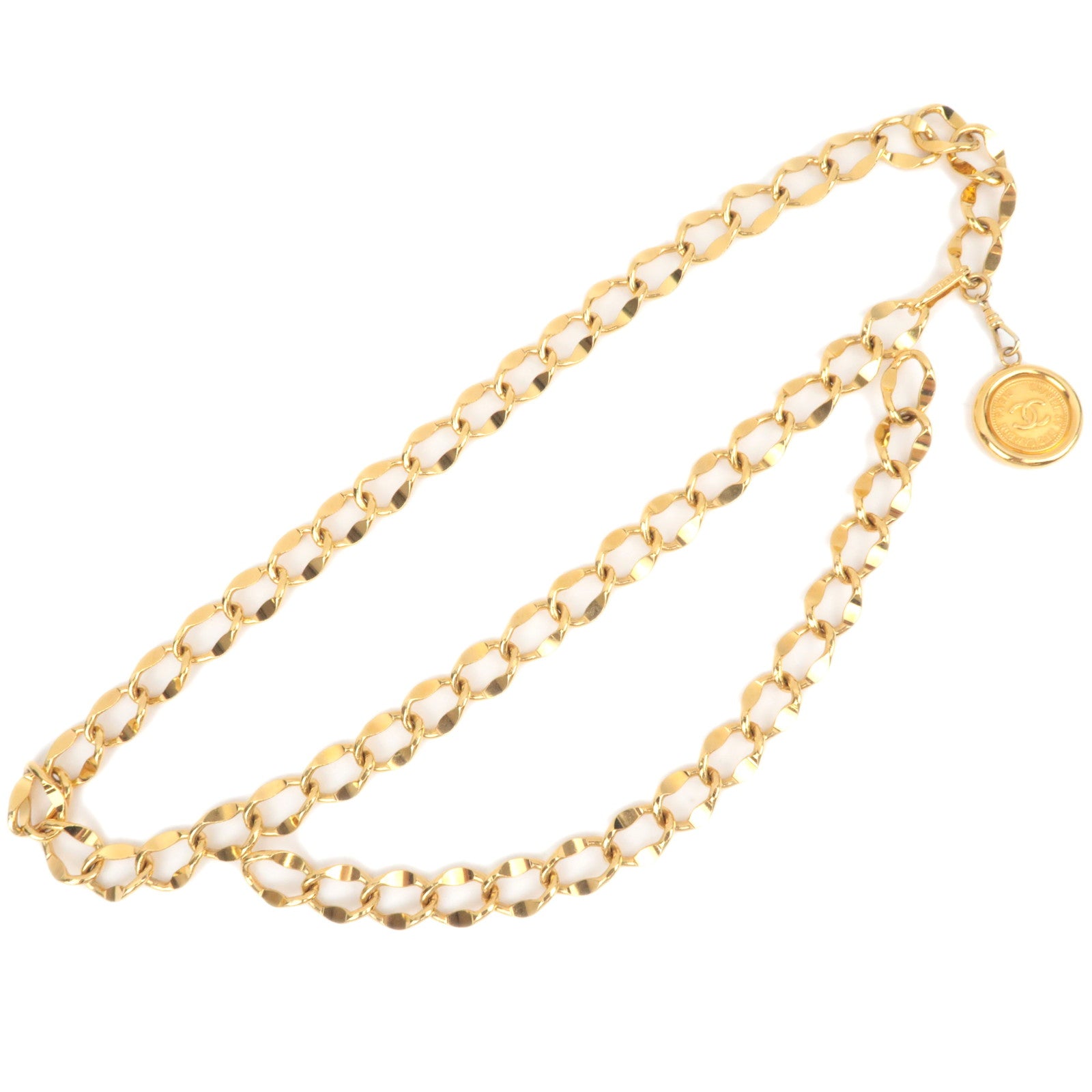 CHANEL Coin Charm Double Chain Belt Waist Around 75cm Gold Color89774