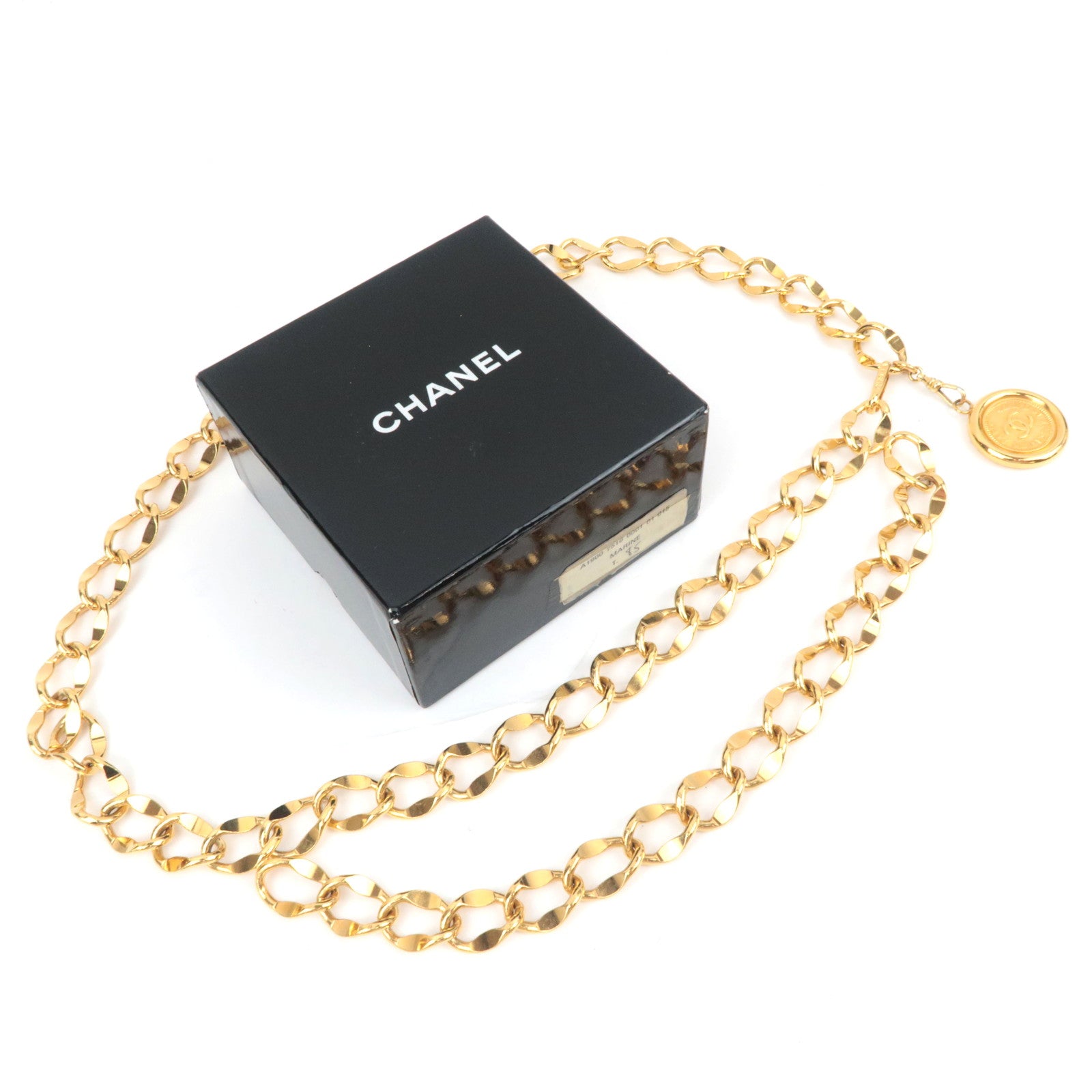 CHANEL Coin Charm Double Chain Belt Waist Around 75cm Gold Color