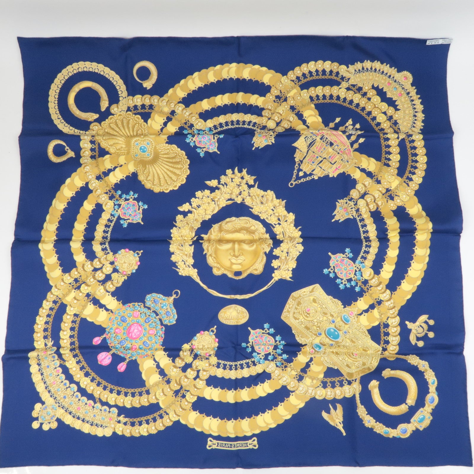 HERMES Carre 90 Scarf KOSMIMA 100% Silk Navy