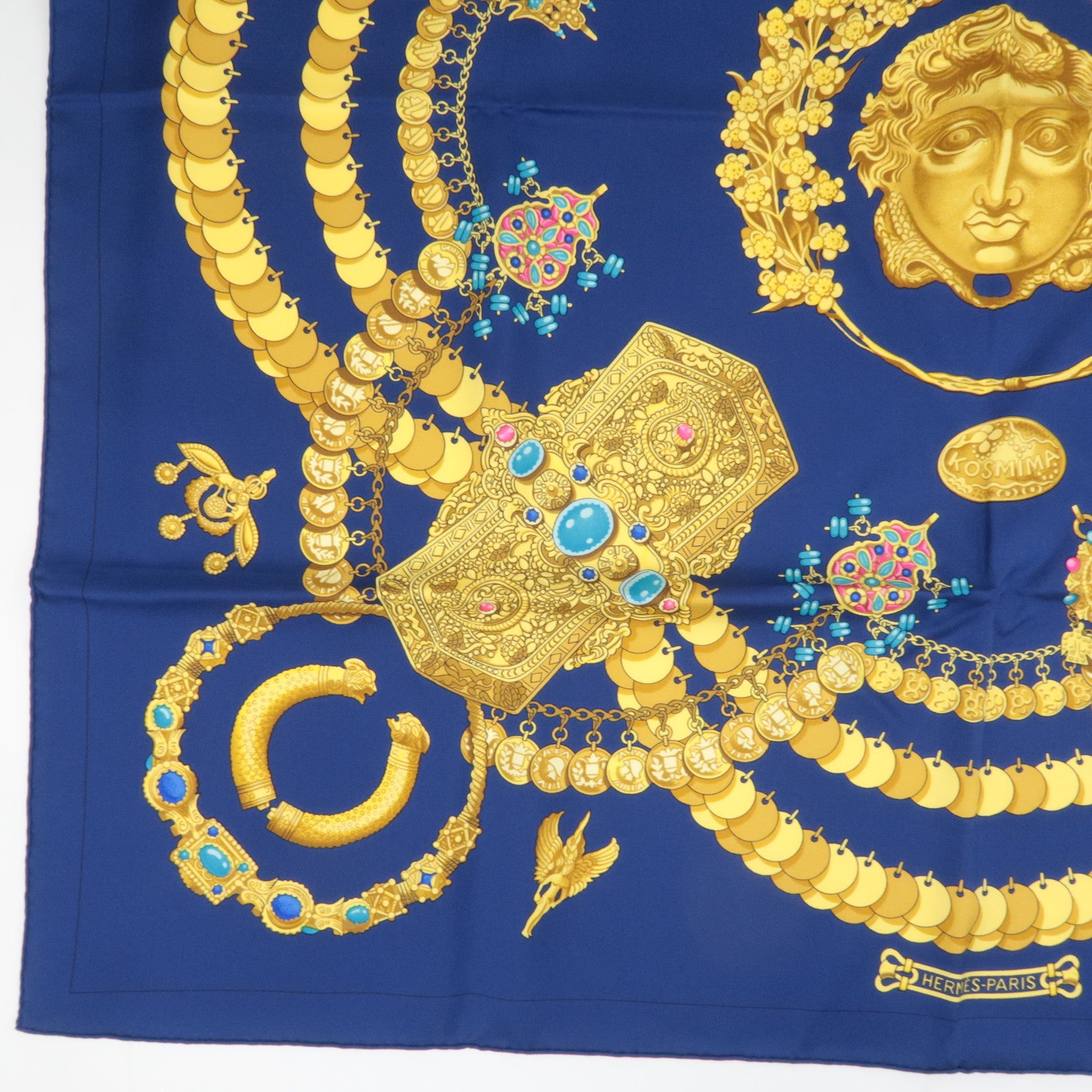 HERMES Carre 90 Scarf KOSMIMA 100% Silk Navy