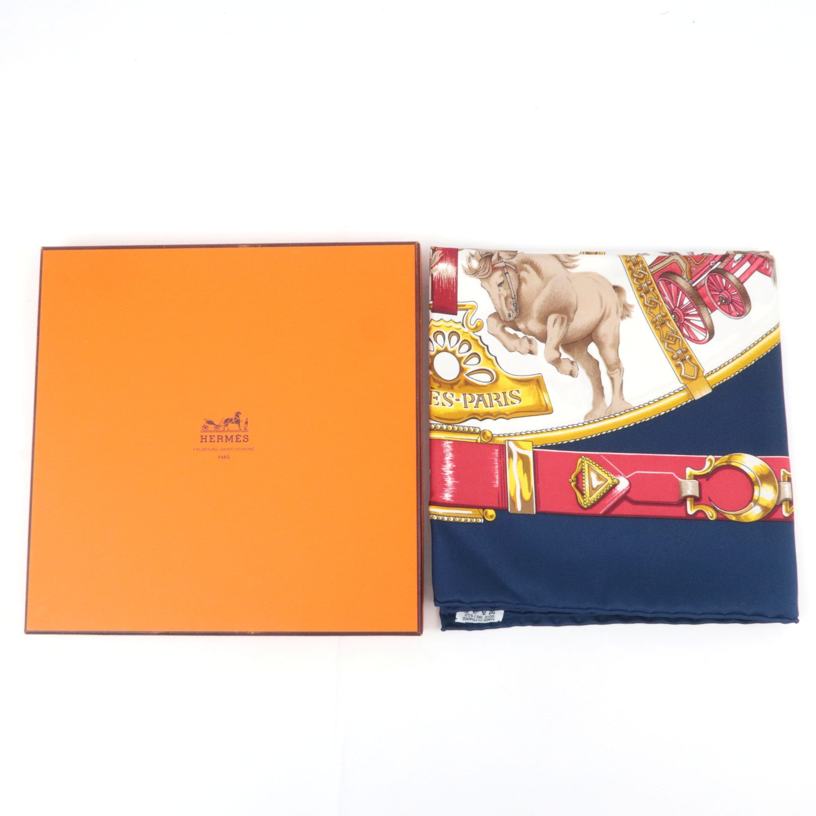 HERMES Carre 90 Scarf CHEVAUX DE TRAIT 100% Silk Navy White Red