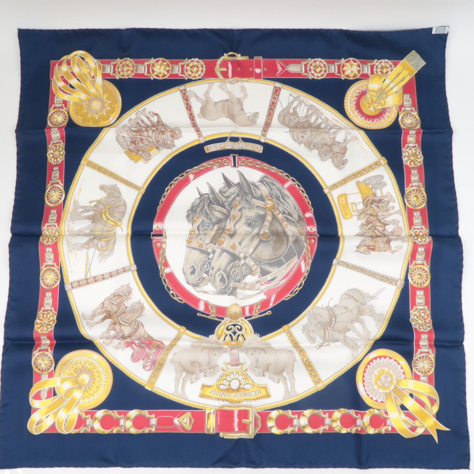 HERMES Carre 90 Scarf CHEVAUX DE TRAIT 100% Silk Navy White Red
