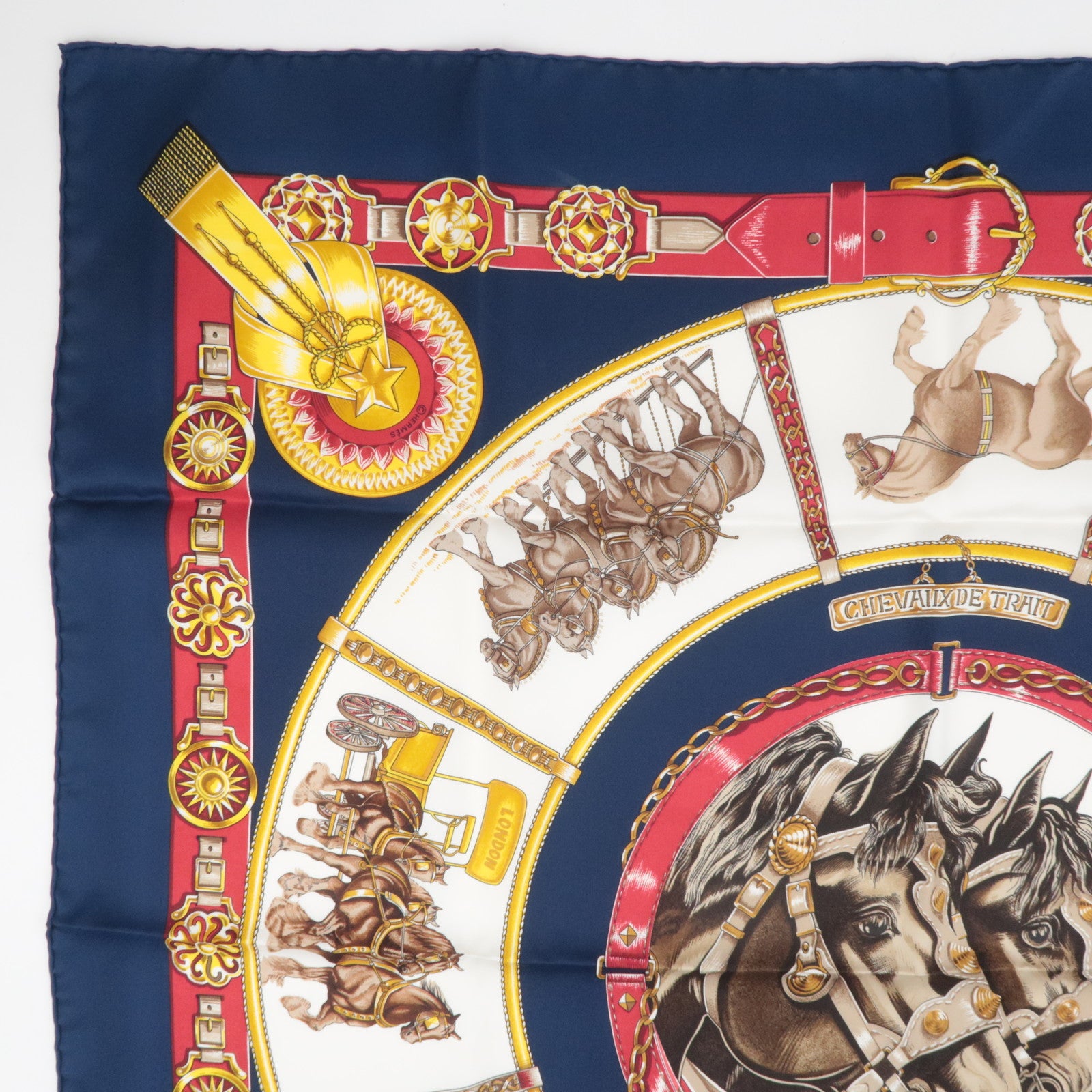 HERMES Carre 90 Scarf CHEVAUX DE TRAIT 100% Silk Navy White Red