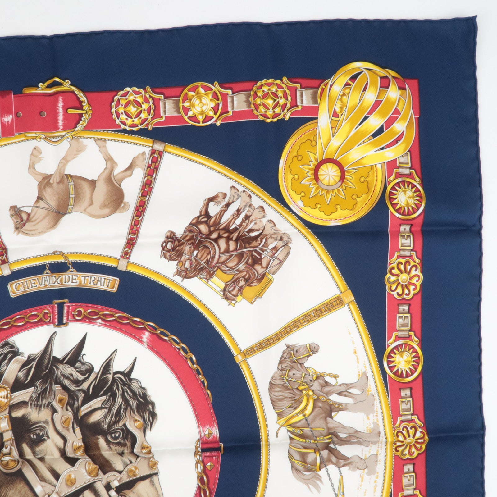 HERMES Carre 90 Scarf CHEVAUX DE TRAIT 100% Silk Navy White Red