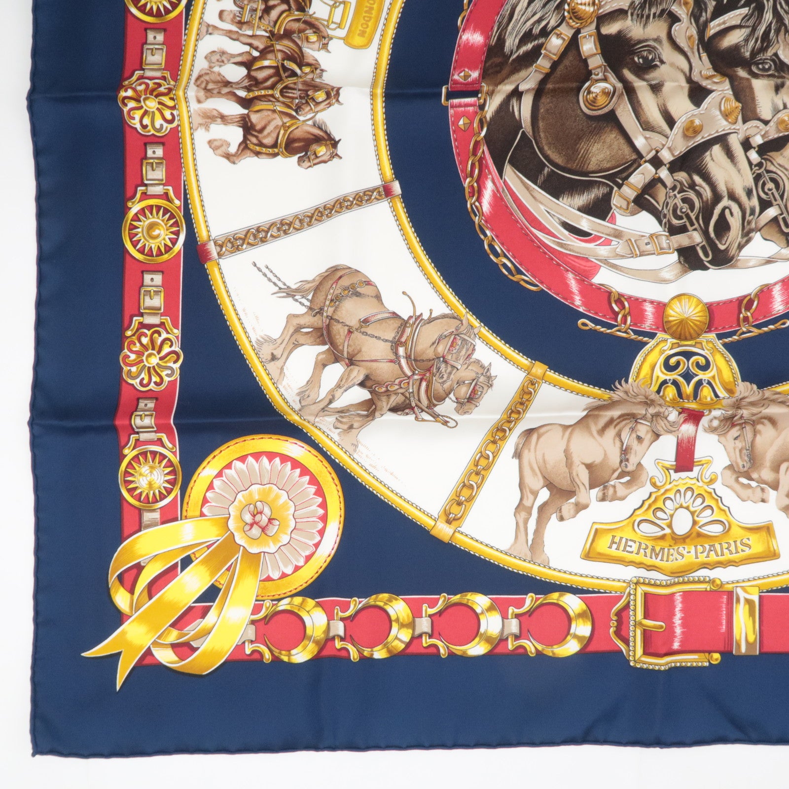 HERMES Carre 90 Scarf CHEVAUX DE TRAIT 100% Silk Navy White Red
