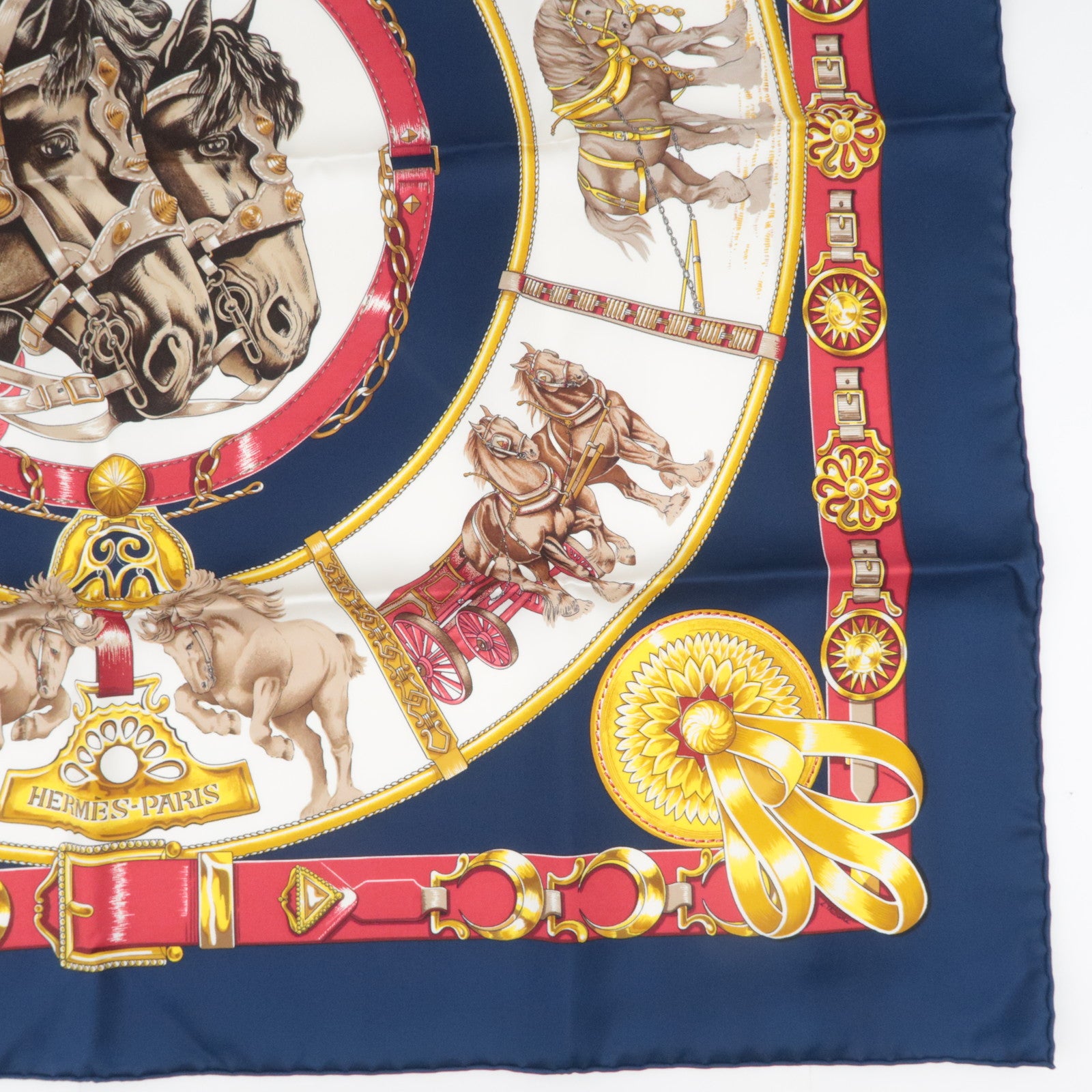 HERMES Carre 90 Scarf CHEVAUX DE TRAIT 100% Silk Navy White Red