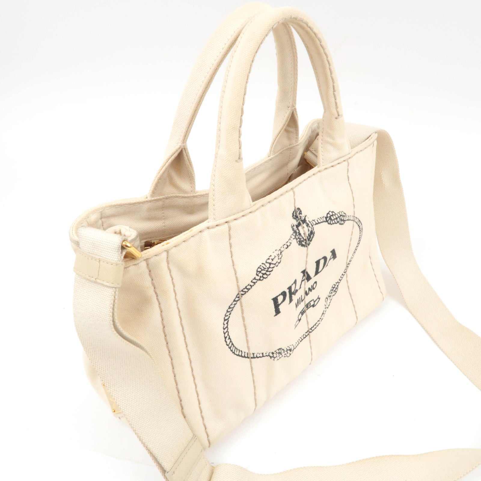 PRADA Canapa Mini 2Way Canvas Tote Bag Beige B2439G