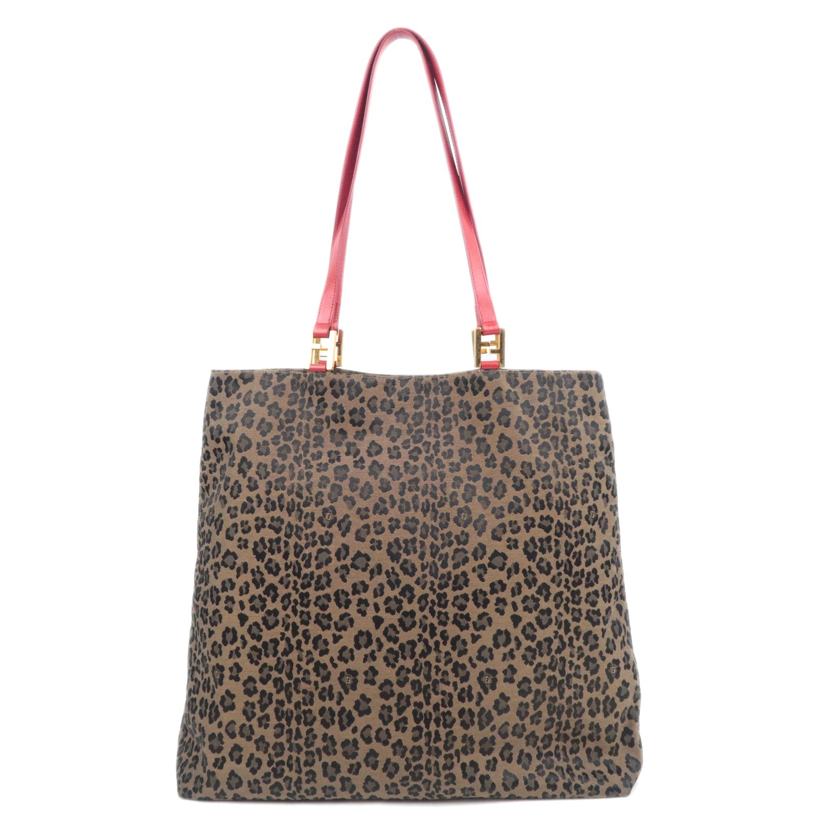 FENDI Leopard Print Canvas Leather Tote Bag Brown Red 2635489808