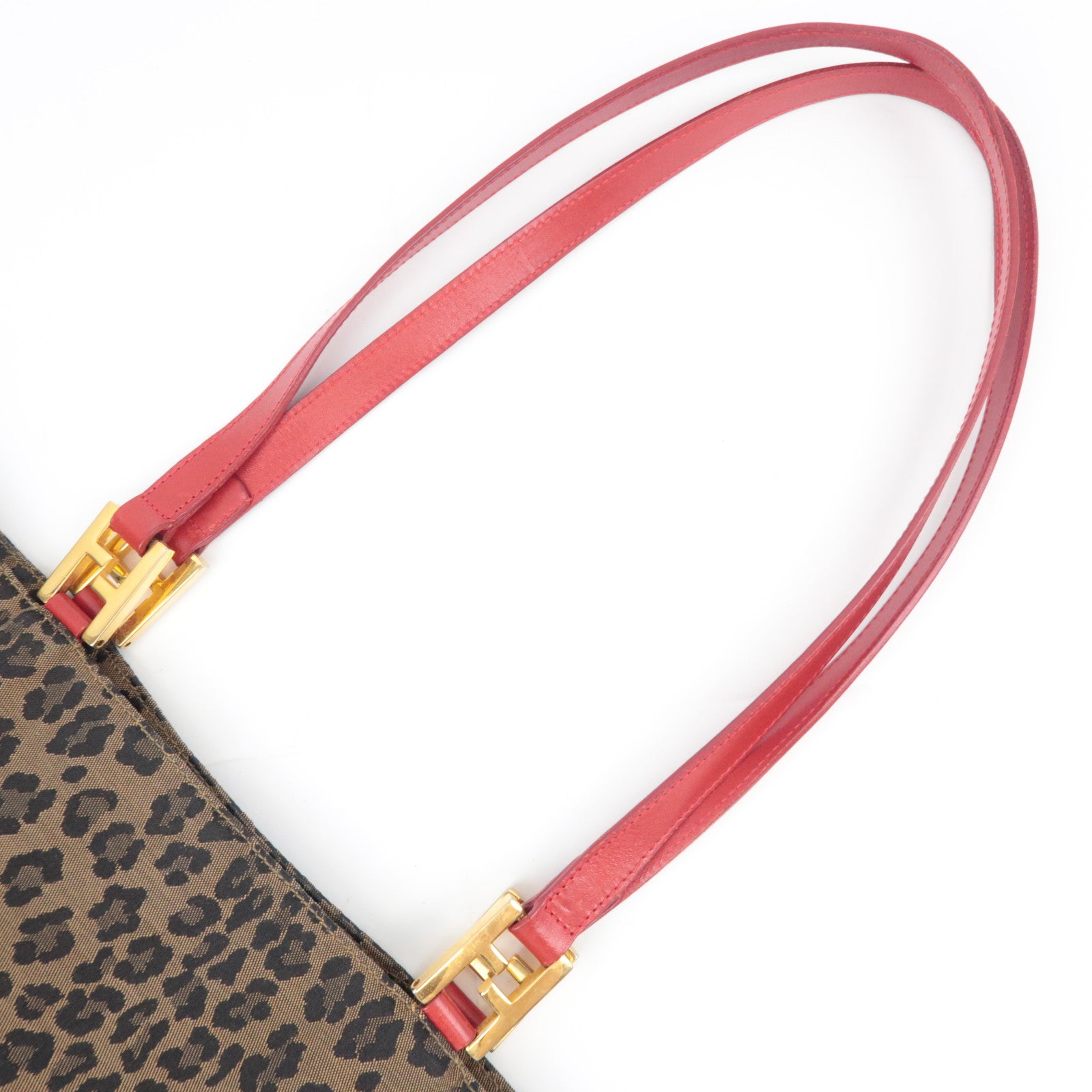 FENDI Leopard Print Canvas Leather Tote Bag Brown Red 26354