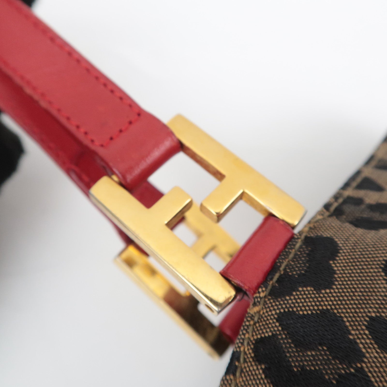 FENDI Leopard Print Canvas Leather Tote Bag Brown Red 26354