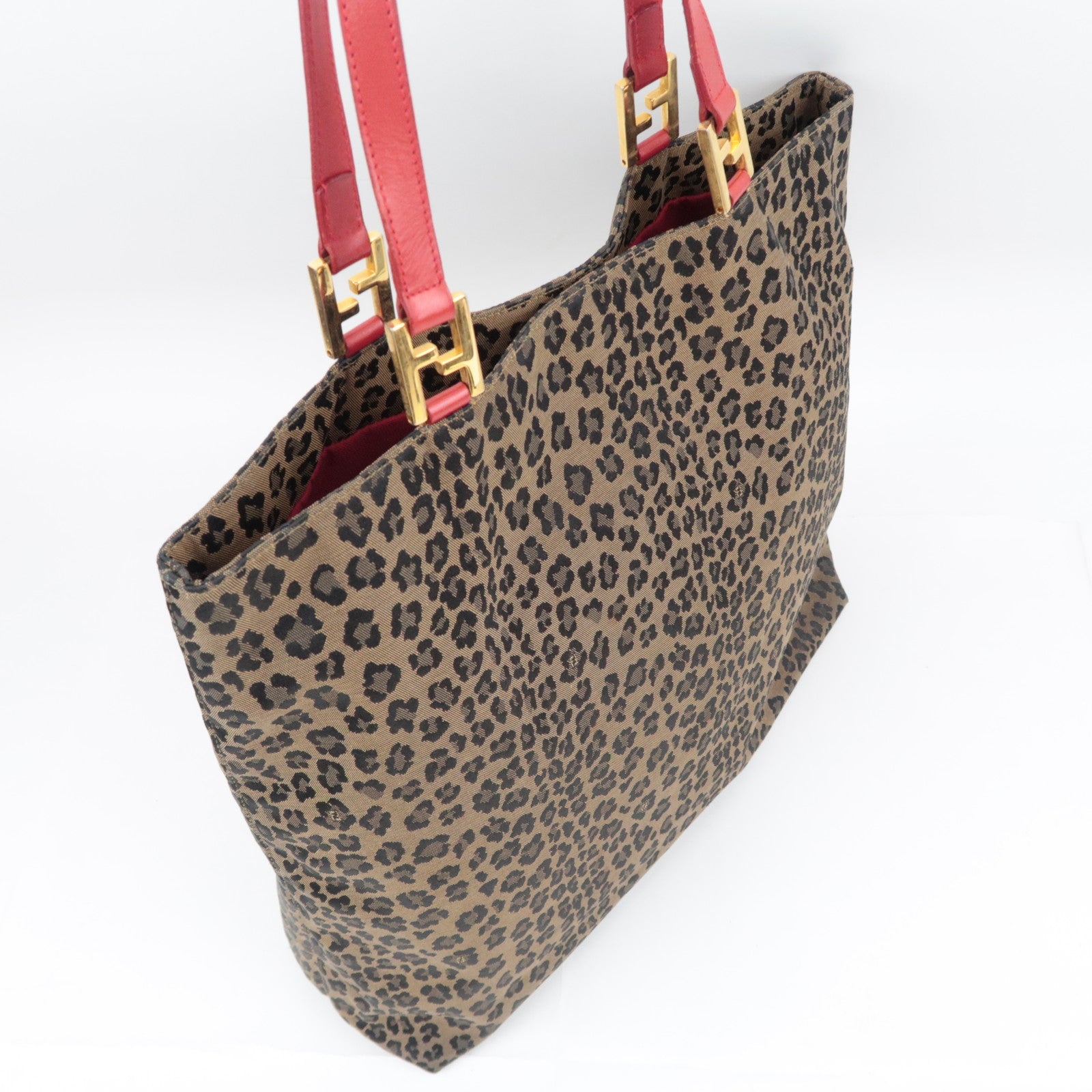 FENDI Leopard Print Canvas Leather Tote Bag Brown Red 26354