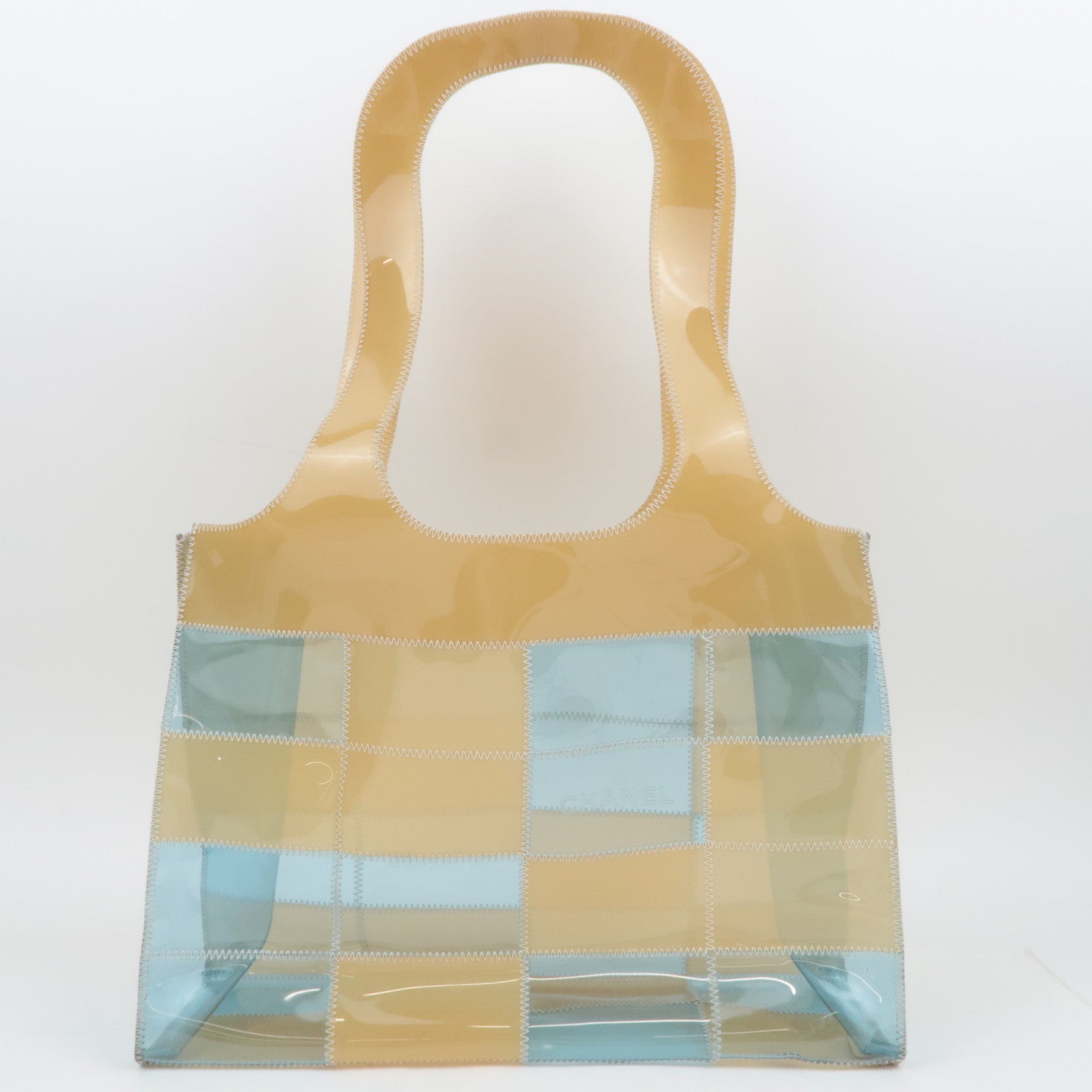 CHANEL Chocolate Bar Vinyl Tote Bag Beige Blue