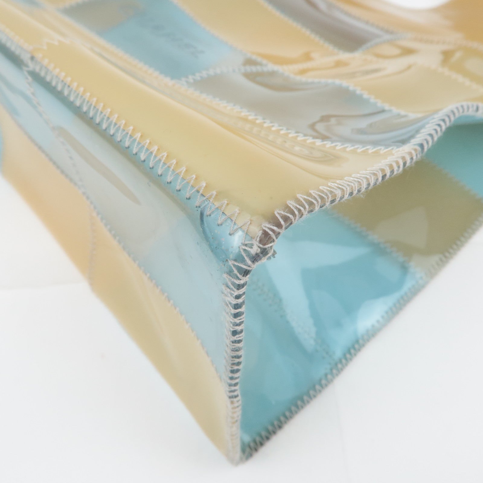 CHANEL Chocolate Bar Vinyl Tote Bag Beige Blue
