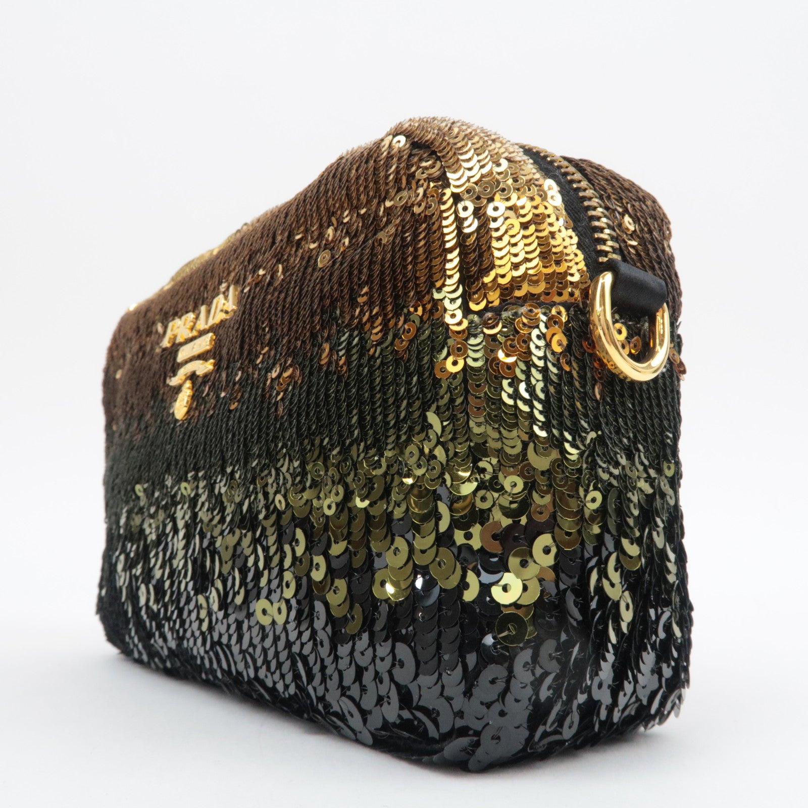 PRADA Sequins Patent Shoulder Bag Gold Green Black BP0254