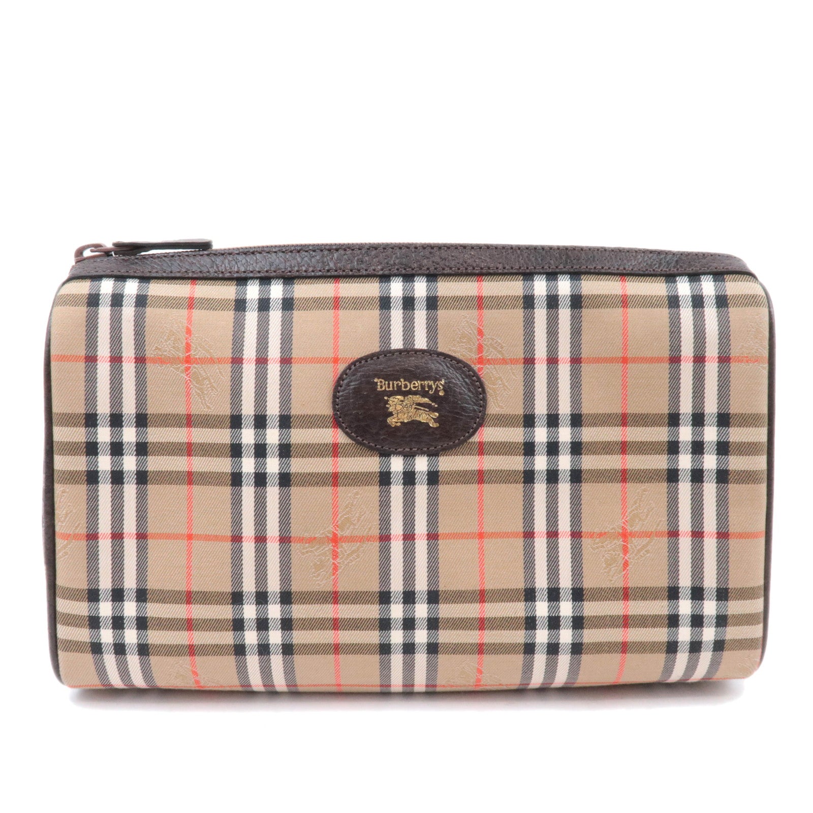 BURBERRY burberrys Nova Plaid Canvas Leather Clutch Bag Beige89996