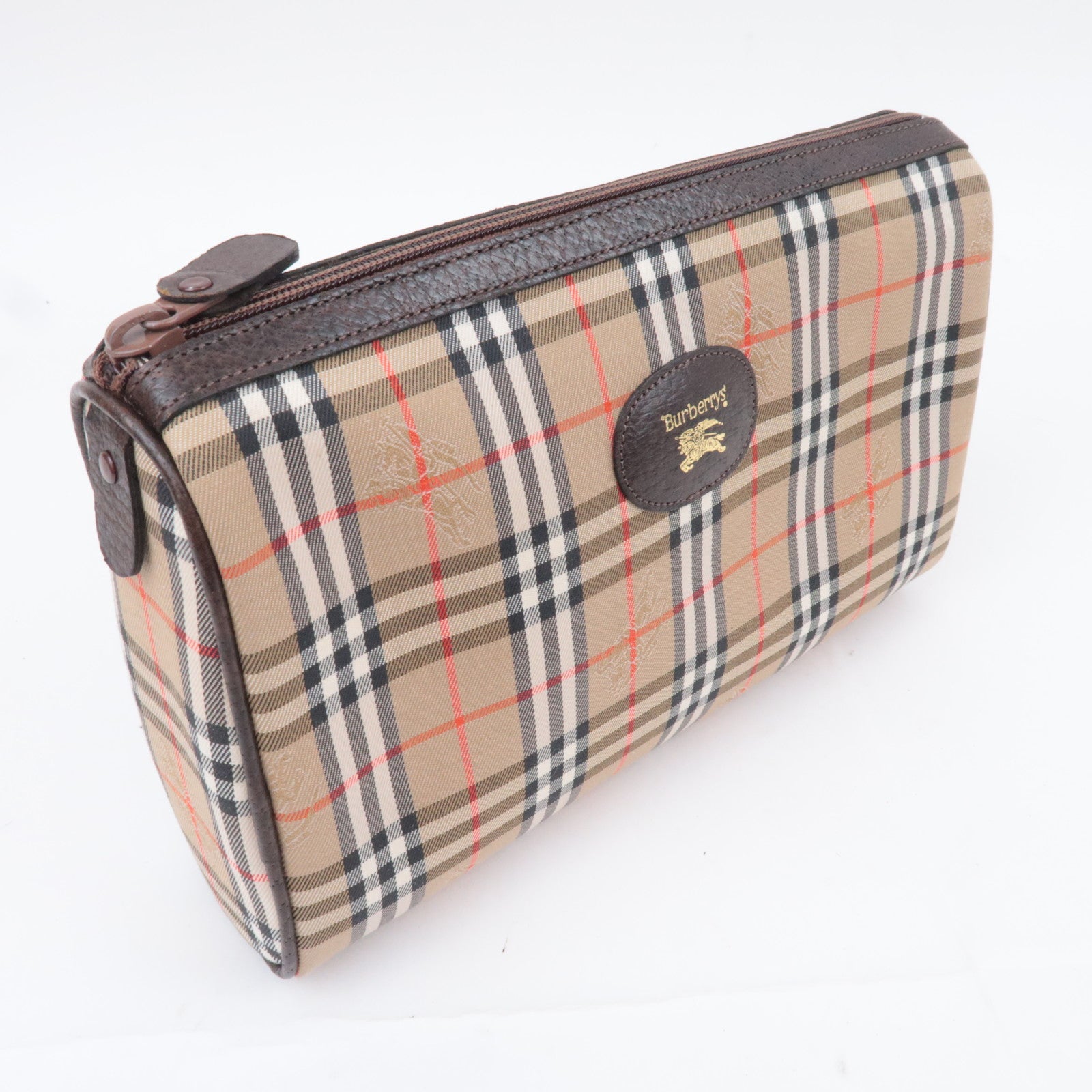 BURBERRY burberrys Nova Plaid Canvas Leather Clutch Bag Beige