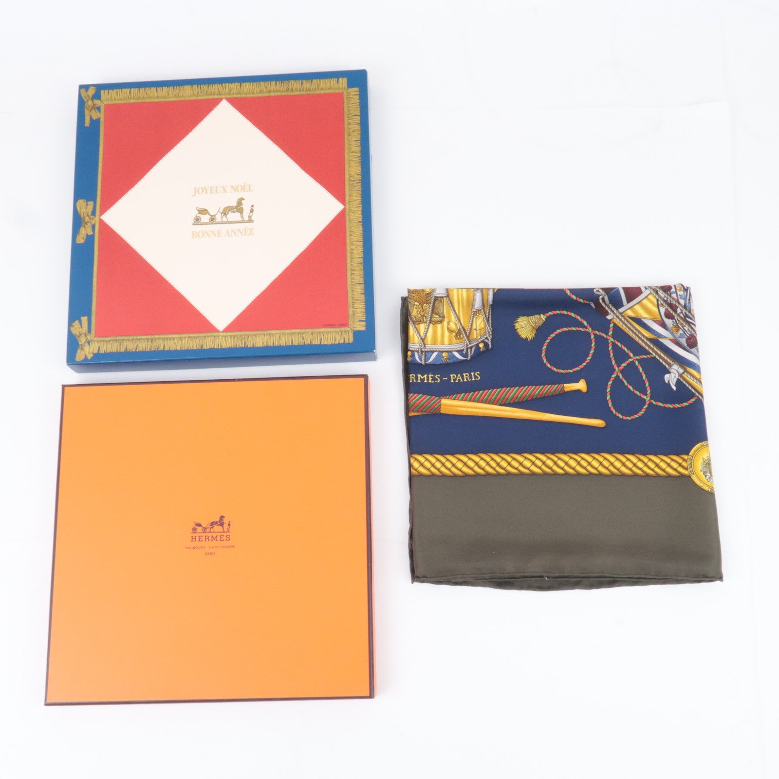 HERMES Carre 90 Scarf LES TAMBOURS 100% Silk Navy Khaki