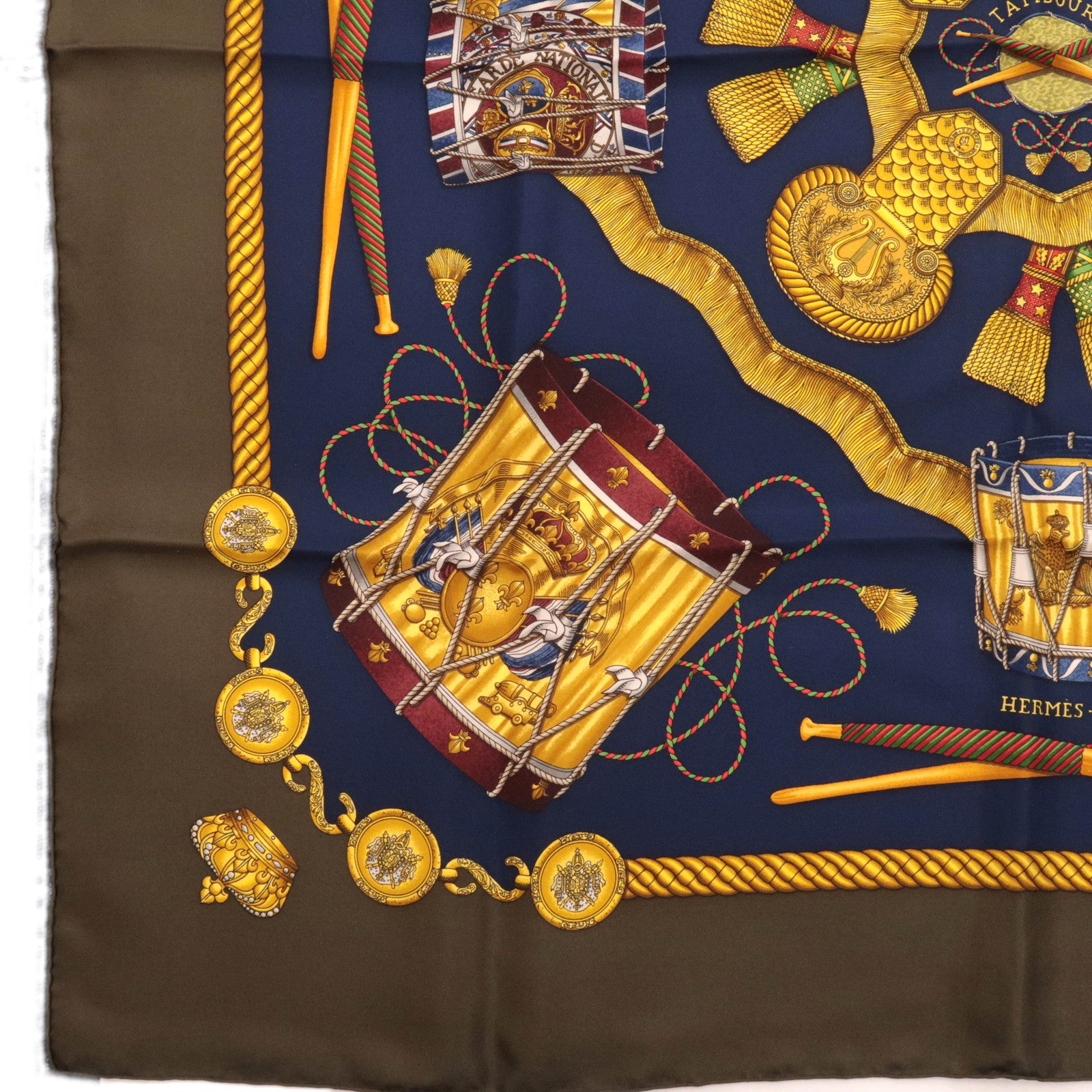 HERMES Carre 90 Scarf LES TAMBOURS 100% Silk Navy Khaki