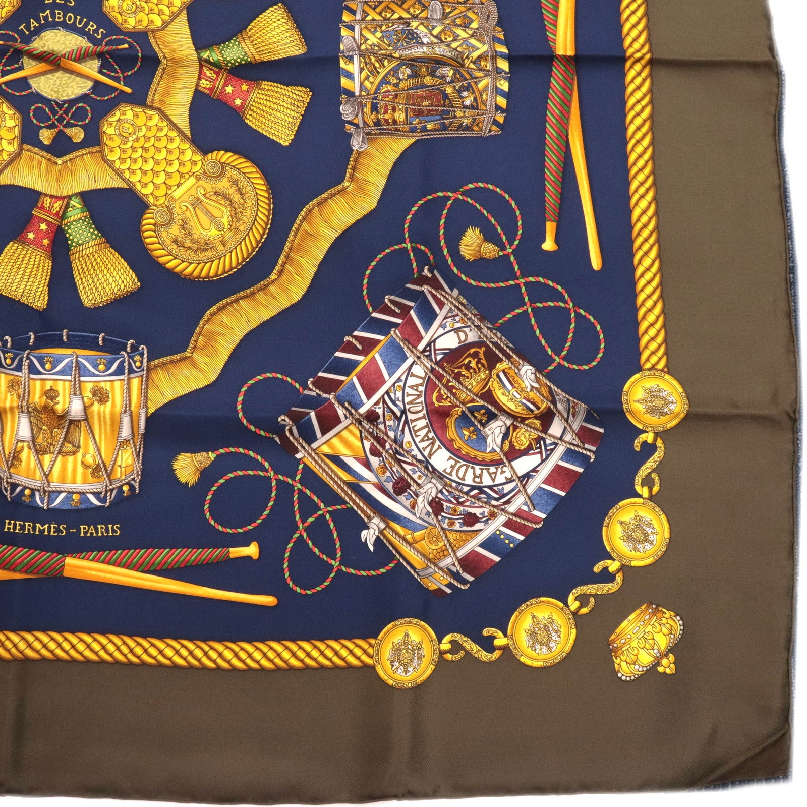 HERMES Carre 90 Scarf LES TAMBOURS 100% Silk Navy Khaki