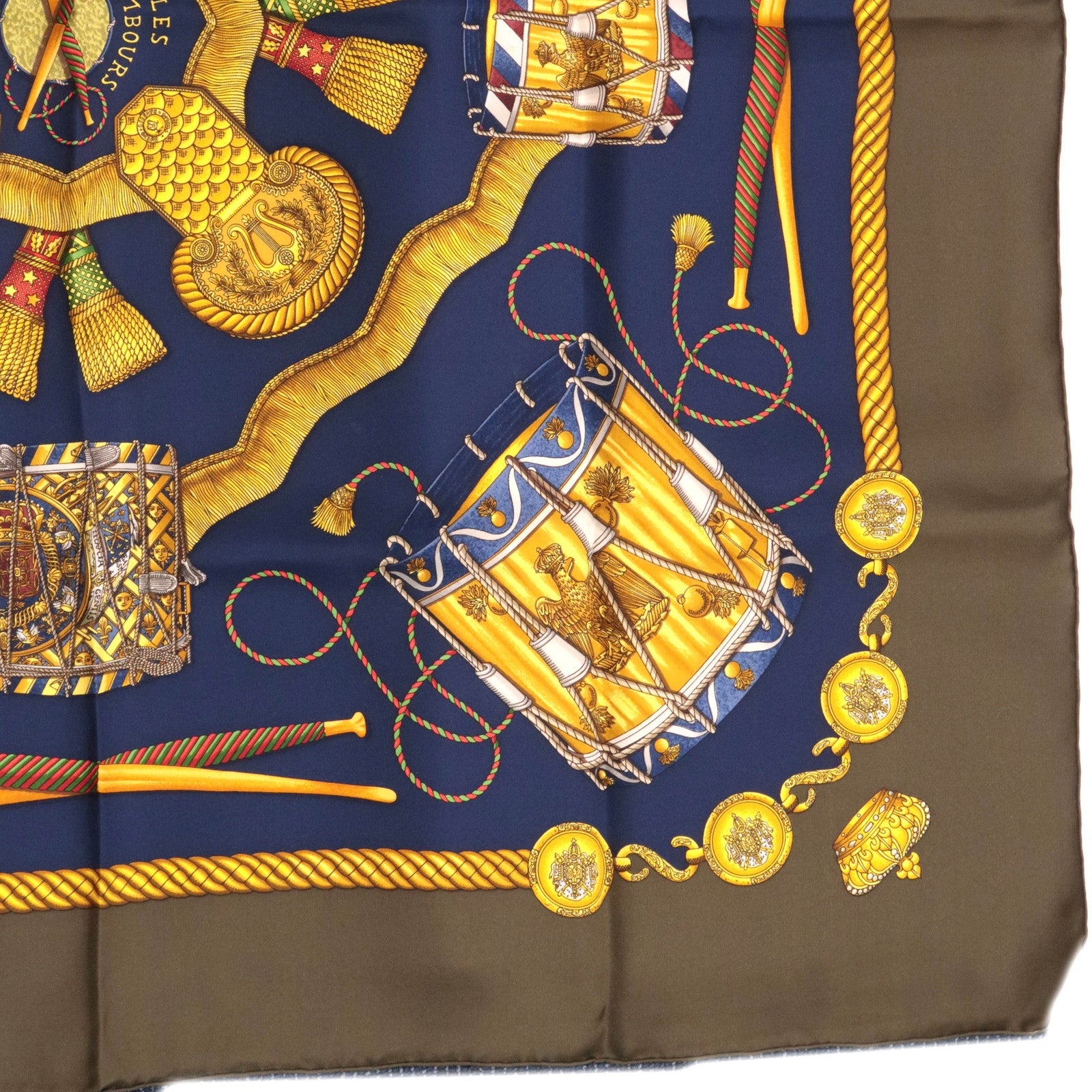 HERMES Carre 90 Scarf LES TAMBOURS 100% Silk Navy Khaki