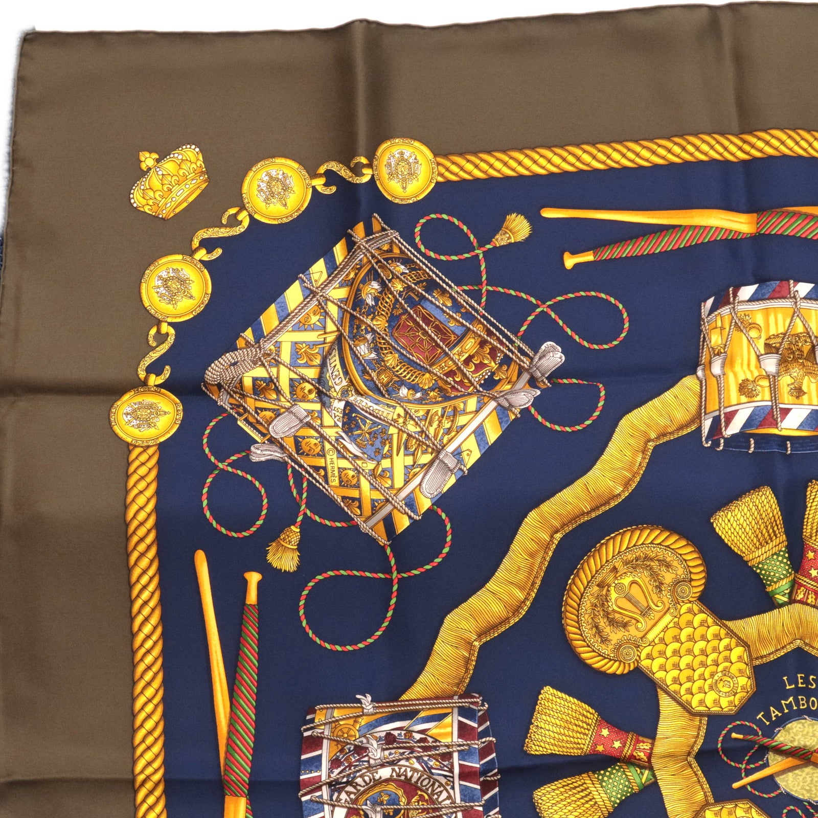 HERMES Carre 90 Scarf LES TAMBOURS 100% Silk Navy Khaki