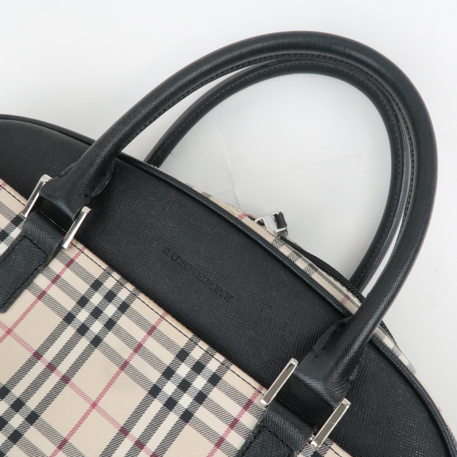 BURBERRY Nova Plaid Canvas Leather Handbag Beige Black