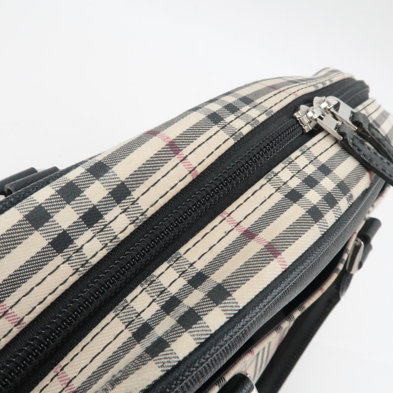 BURBERRY Nova Plaid Canvas Leather Handbag Beige Black