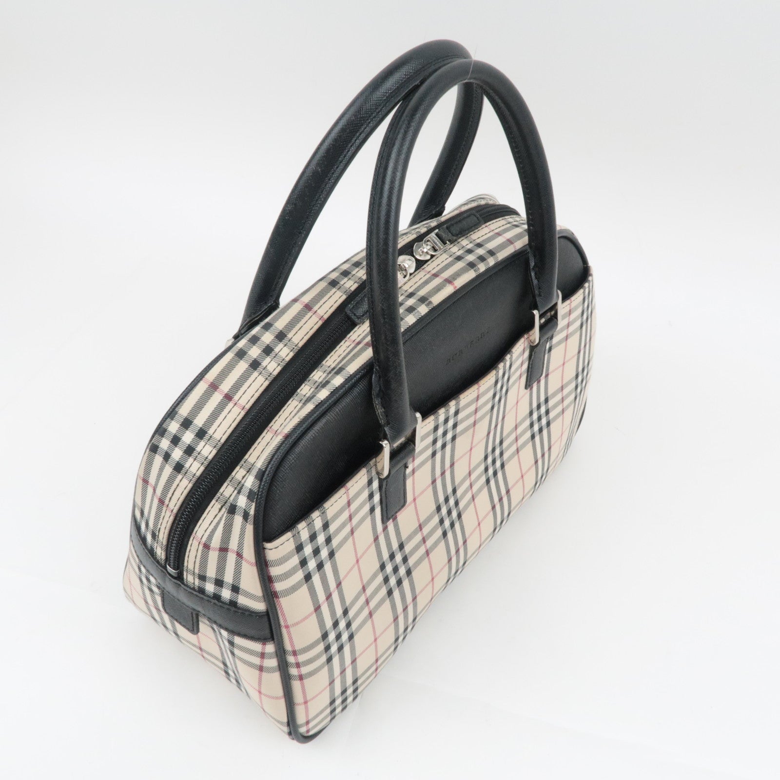 BURBERRY Nova Plaid Canvas Leather Handbag Beige Black