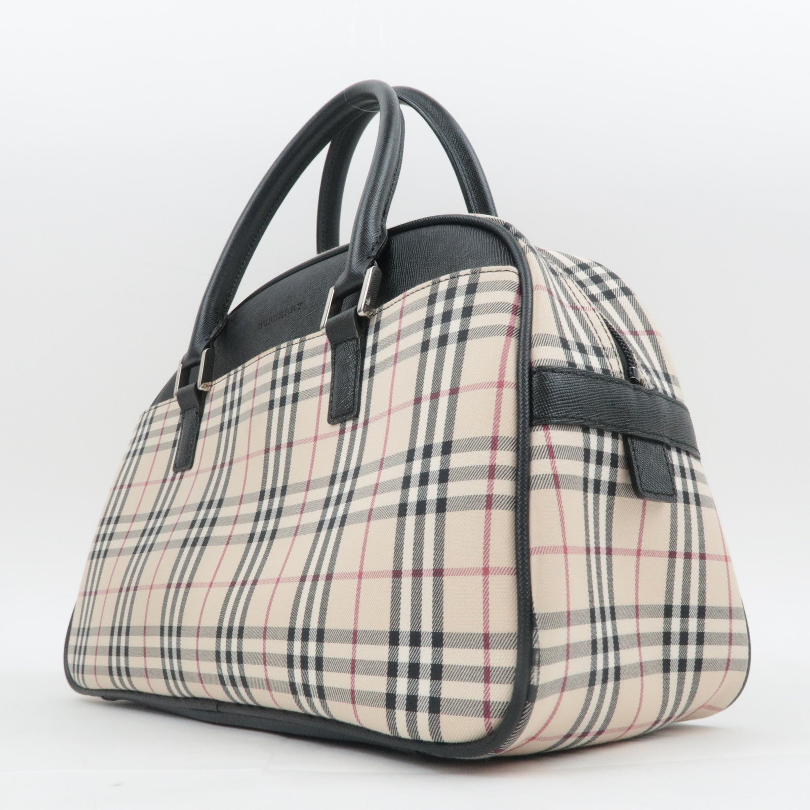 BURBERRY Nova Plaid Canvas Leather Handbag Beige Black