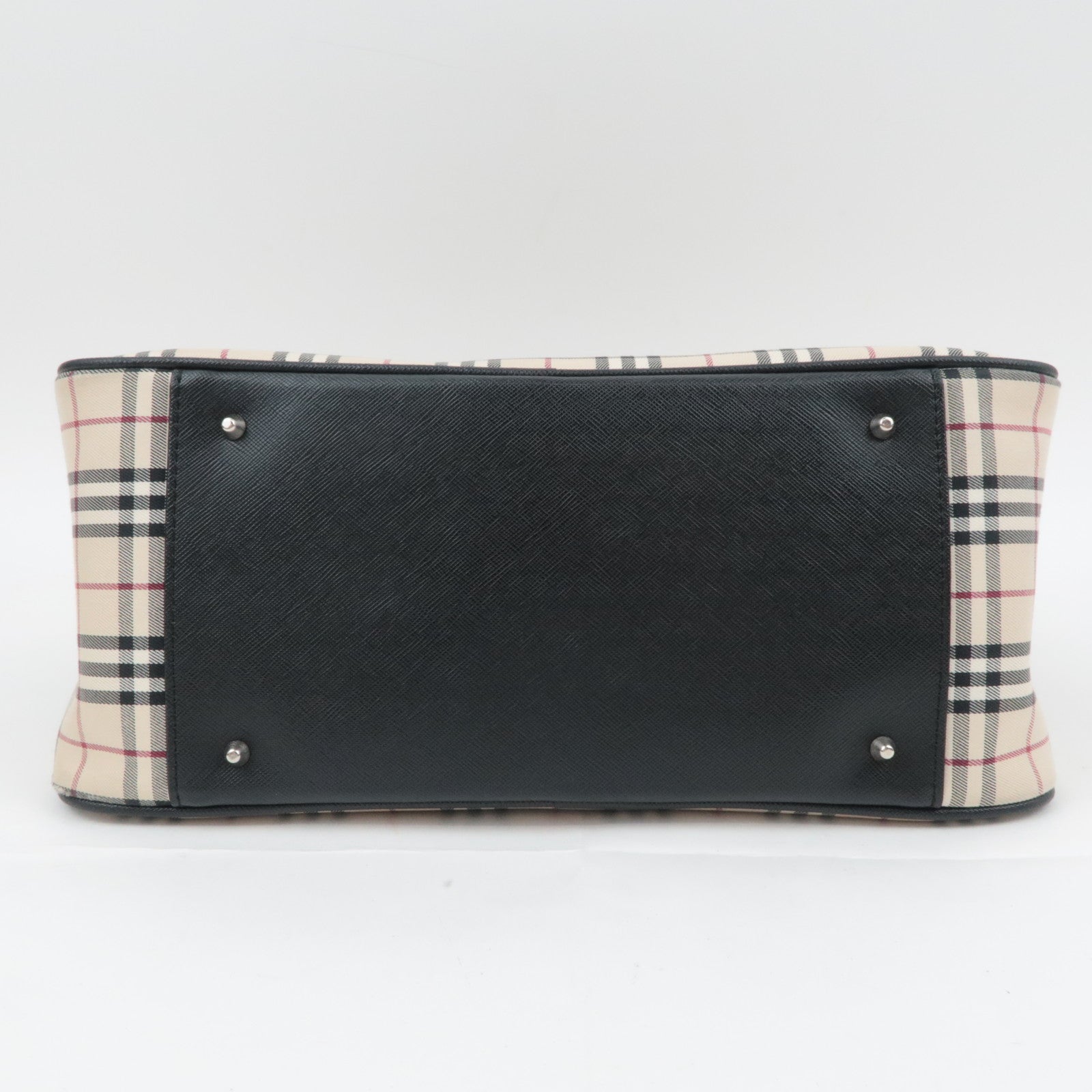 BURBERRY Nova Plaid Canvas Leather Handbag Beige Black