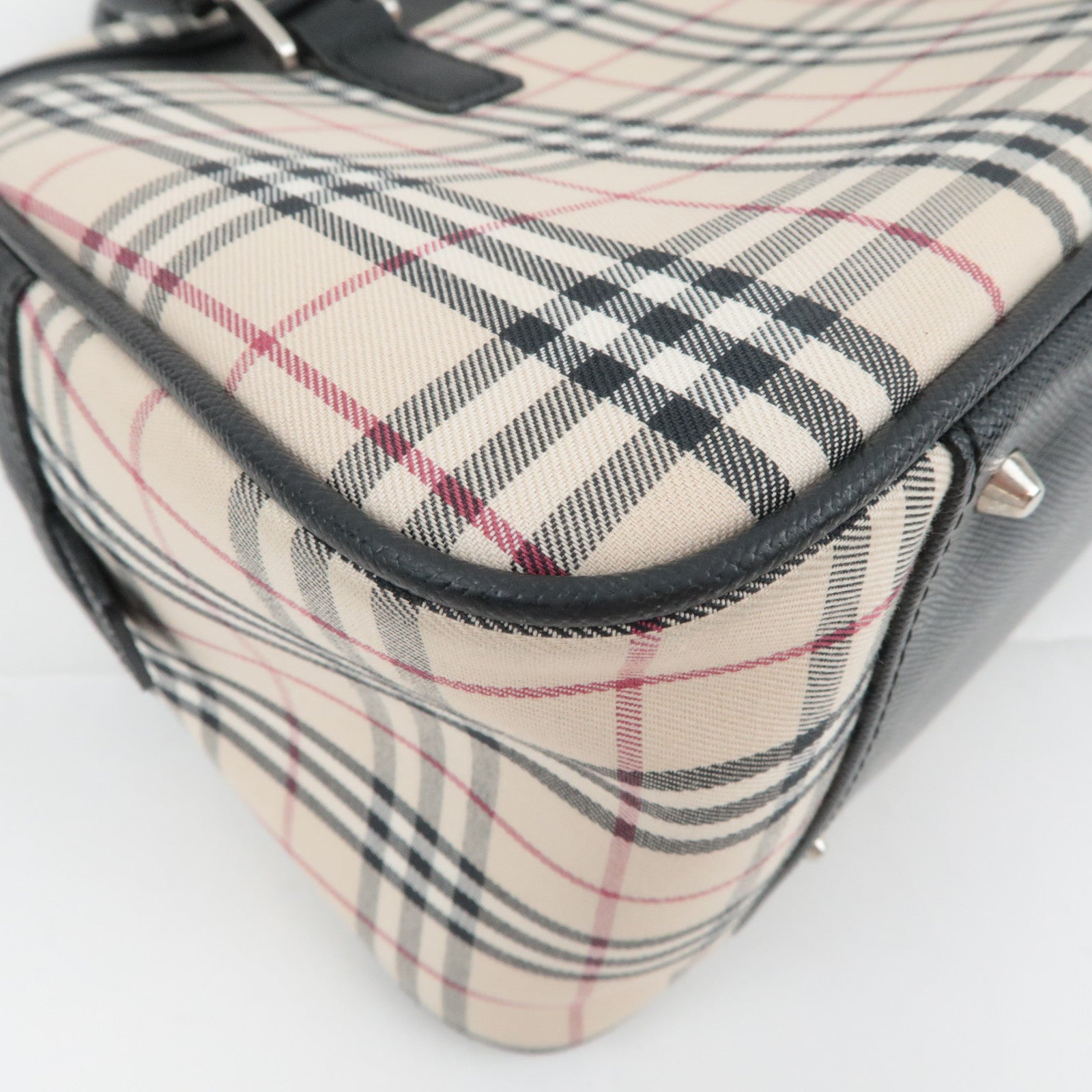 BURBERRY Nova Plaid Canvas Leather Handbag Beige Black