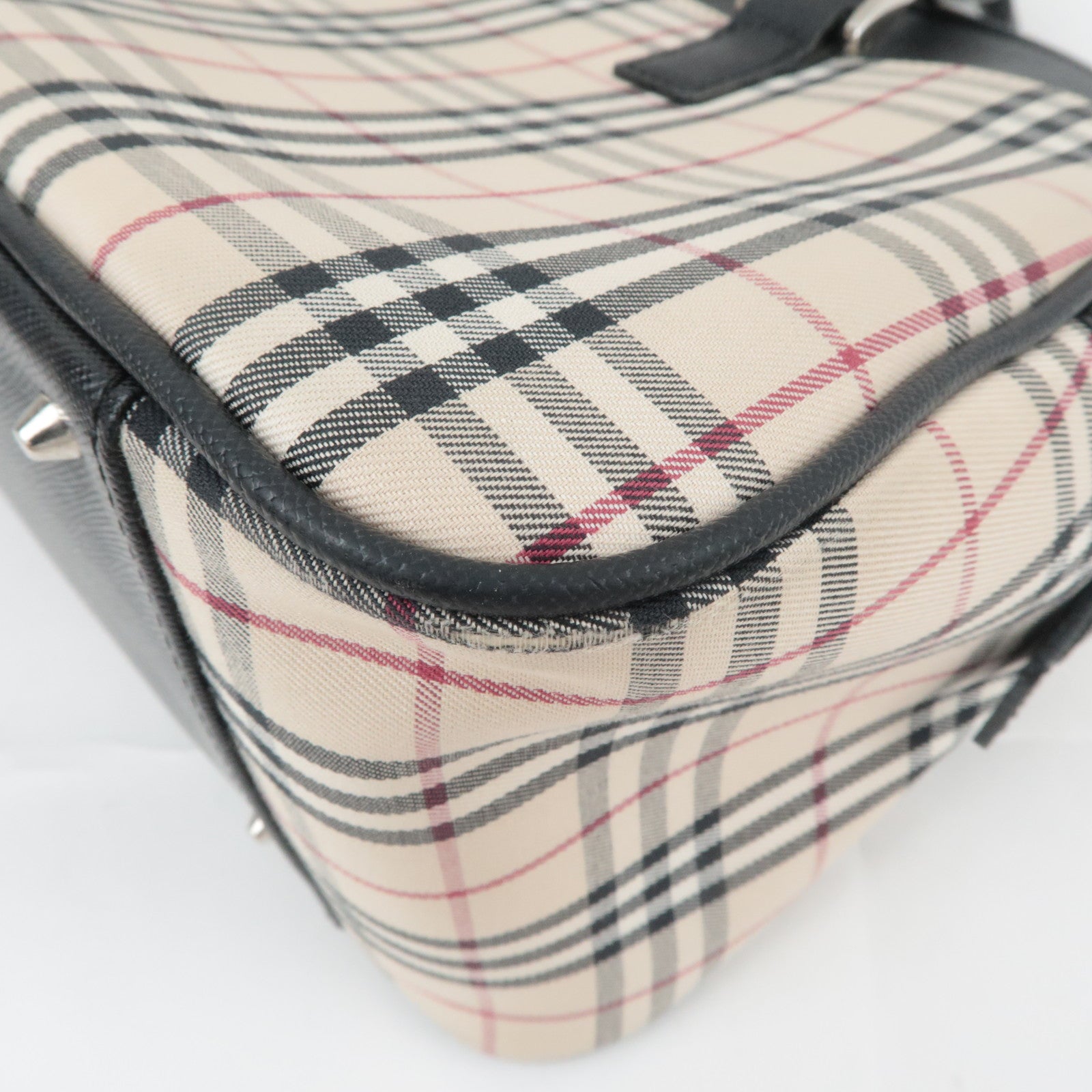 BURBERRY Nova Plaid Canvas Leather Handbag Beige Black