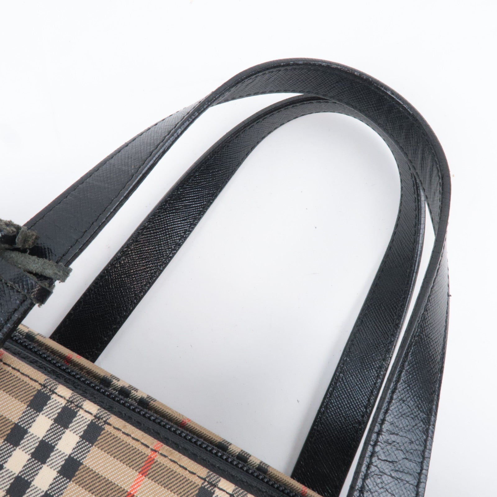BURBERRY Nova Plaid Canvas Leather Handbag Beige Black