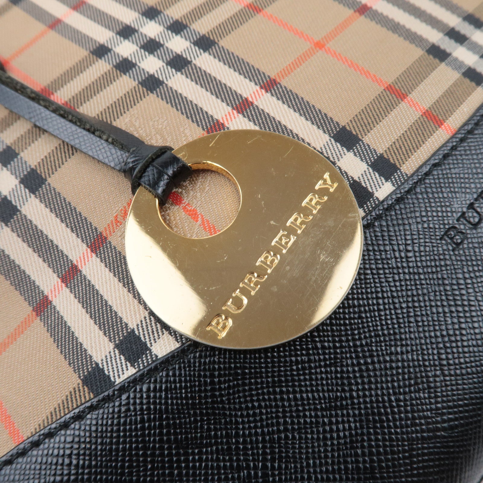 BURBERRY Nova Plaid Canvas Leather Handbag Beige Black