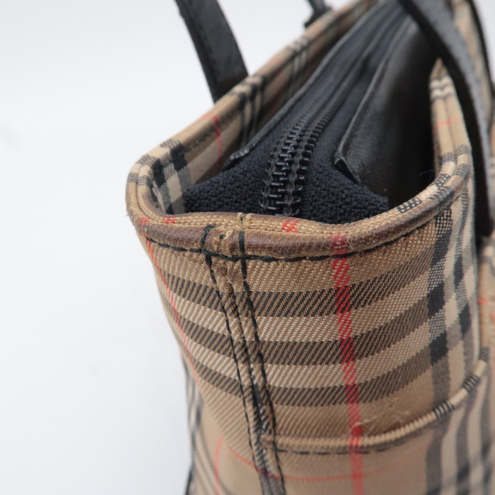 BURBERRY Nova Plaid Canvas Leather Handbag Beige Black