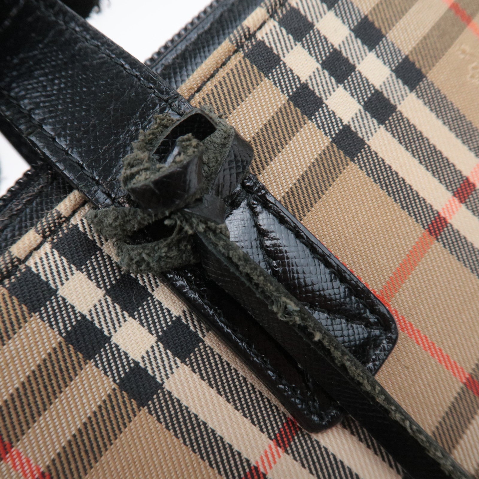 BURBERRY Nova Plaid Canvas Leather Handbag Beige Black